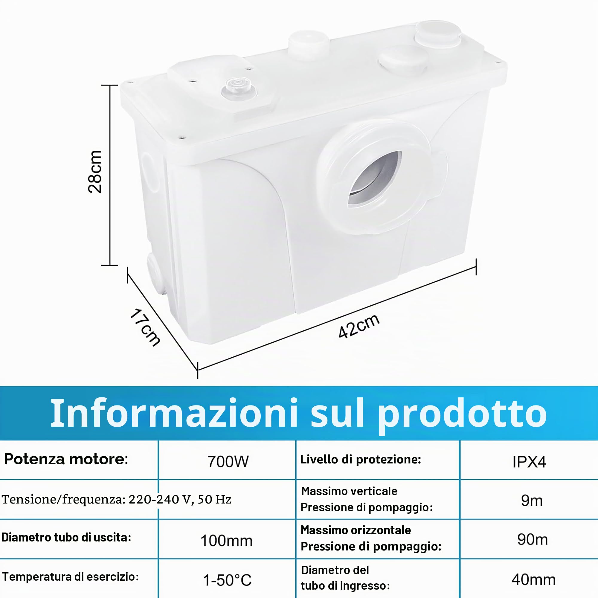 FIVMEN Impianto di sollevamento, 700 W, pompa sanitaria, 180 l/min, impianto di sollevamento piccolo, pompa per feci con filtro ai carboni attivi, lame in acciaio inox e 3 ingressi per WC, lavandino e