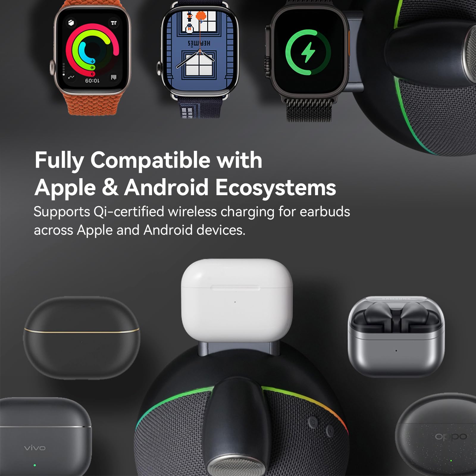 Caricatore e supporto 4 in 1, compatibile con Qi2, caricabatterie wireless magnetico da 25 W, con altoparlanti Hi-Fi Bluetooth e luci ambientali morbide, compatibile con iPhone 17/16/15, Apple Watch