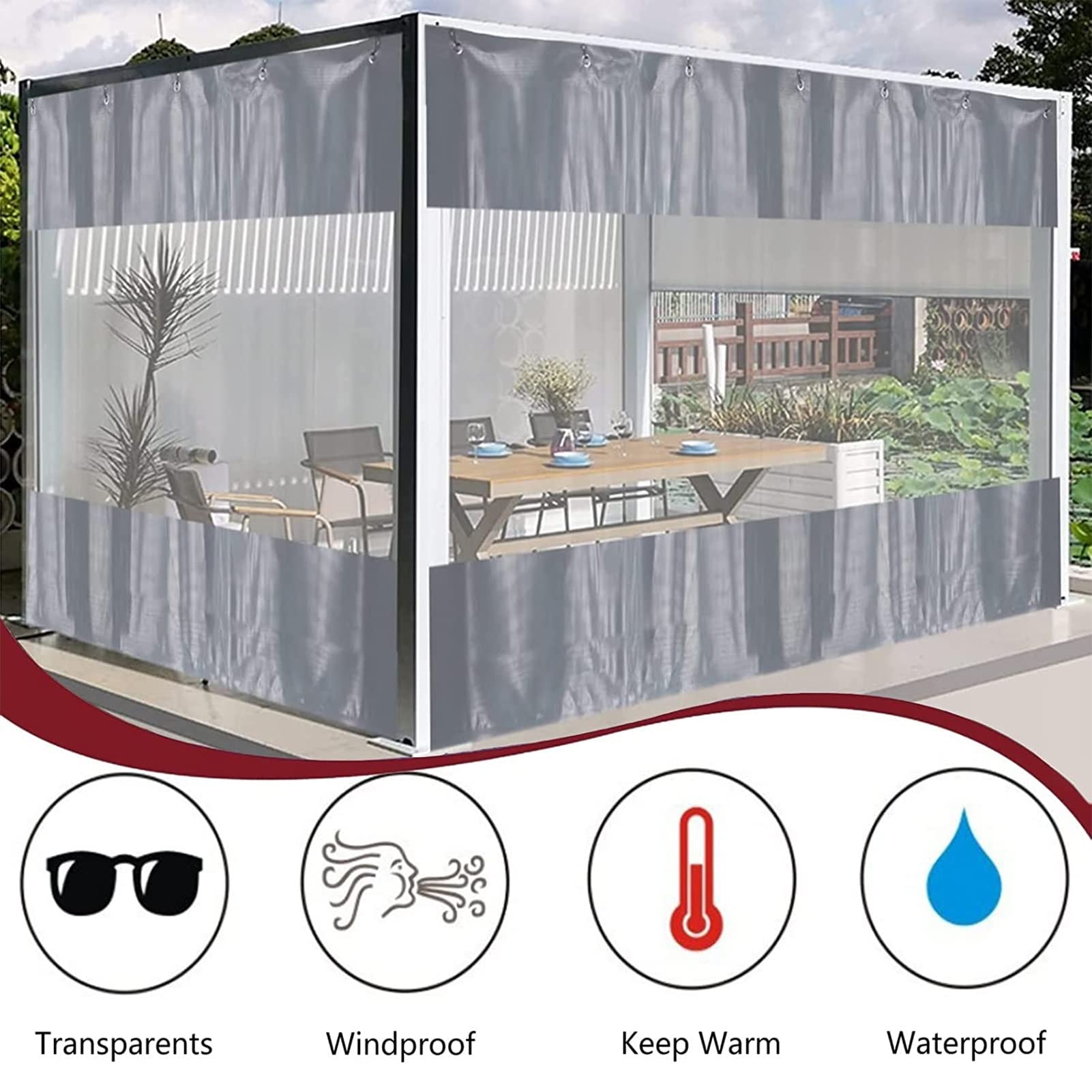 Wasserdichte transparente PVC-Plane, Seitenteile mit Ösen, klare Outdoor-Planen-Vorhänge für Veranda, Pergola, Terrasse, Pavillon, schützende Gartenabtrennung (350 x 230 cm)