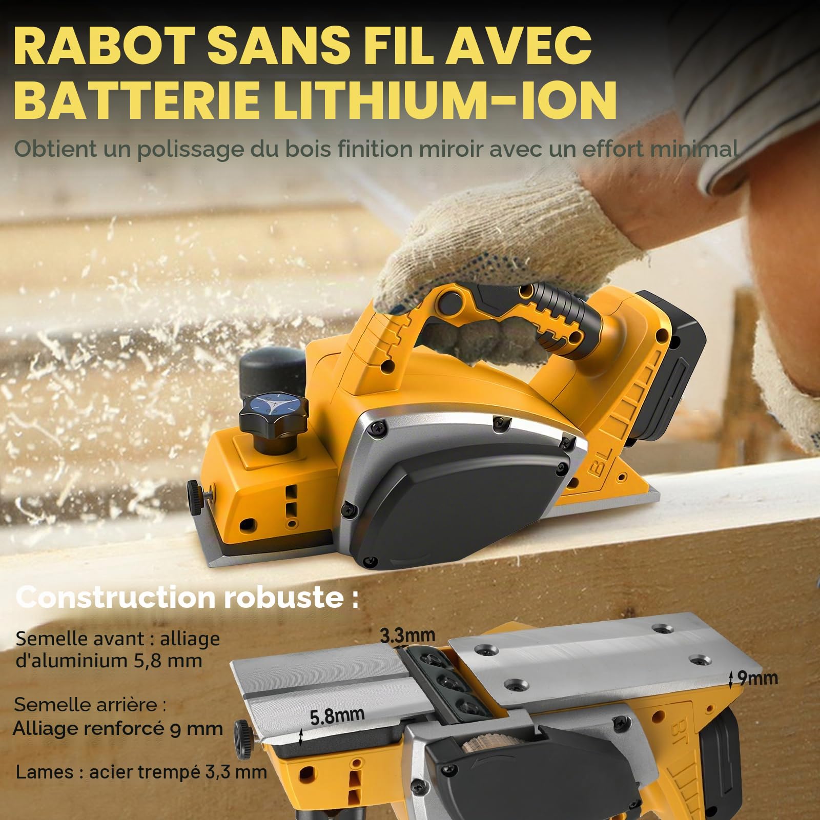 Raboteuse électrique sans fil pour batterie Dewalt 18 V/20 V, rabot portatif de 8,9 cm, 15 000 tr/min sans balais pour le travail du bois, menuisier, bricolage