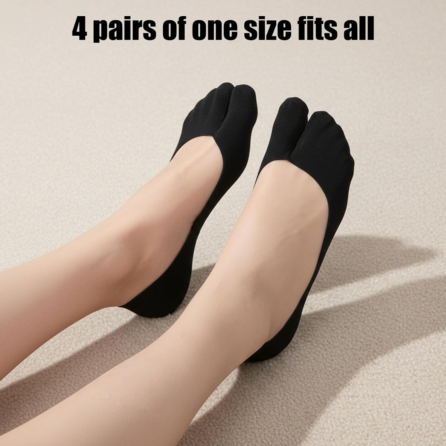 4 Pairs No Show Tabi Socks Women, 4 Pairs Low Cut Flip Flop Socks | Non Slip Split Toe Sock for Women and Men Flip Flops Geta Loafers Sandals (Black and Flesh)