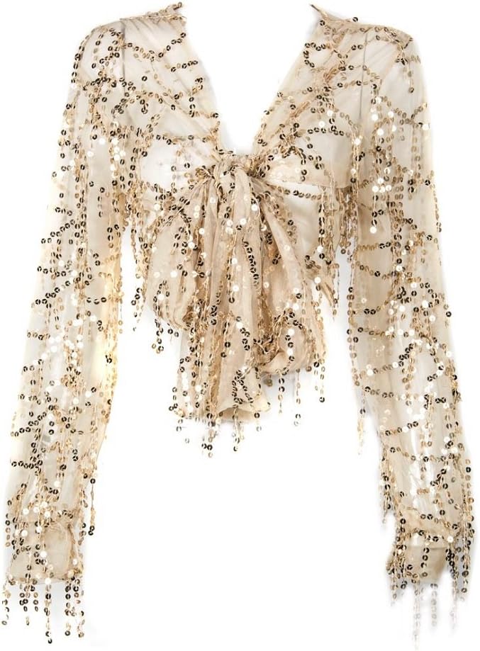 Golden Sequin Crop Shirt Sheer V-Neck Tie Front Blouse Top Cover Ups