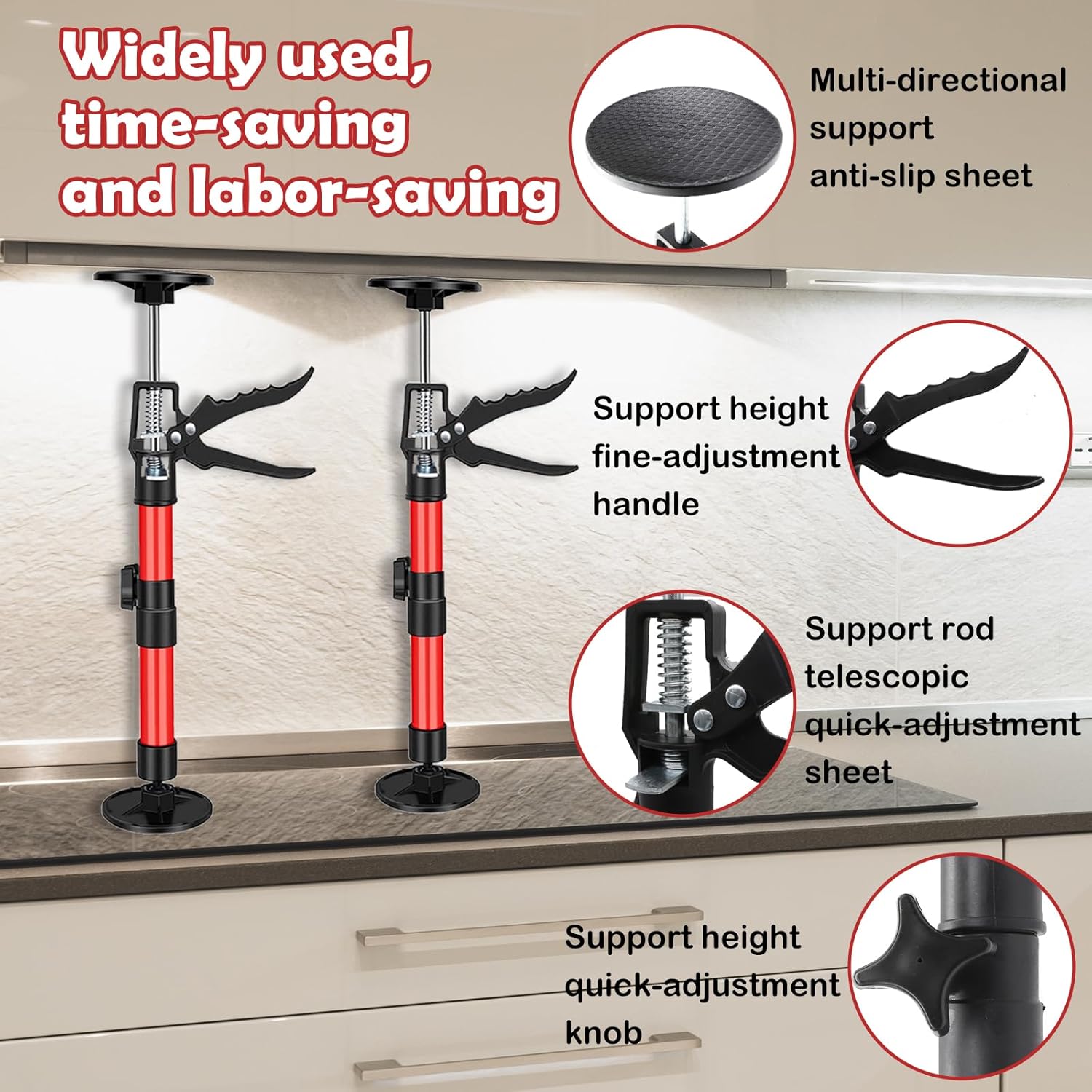 2 Pack Cabinet Jacks for Installing Cabinets, 20" to 45" Adjustable Third Hand Support Pole, Telescopic Cabinet Lift Jack for Drywall, 220 LB Capacity (20" to 45")