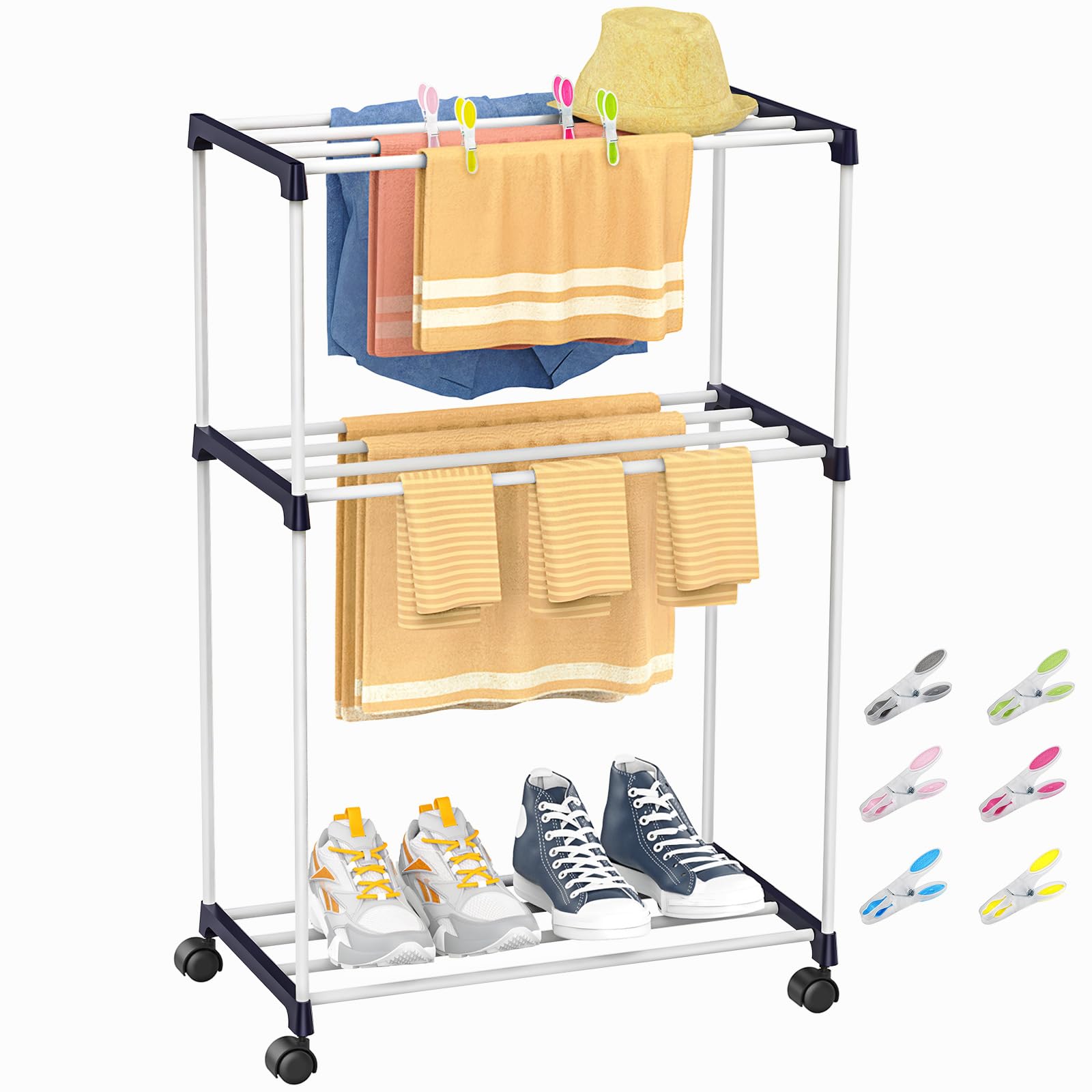 johgee Tendedero pequeño, toallero Independiente, Ahorro de Espacio, Torre con Ruedas, Soporte de Secado de Interior para baños, Apartamentos y lavanderías, 3 Niveles