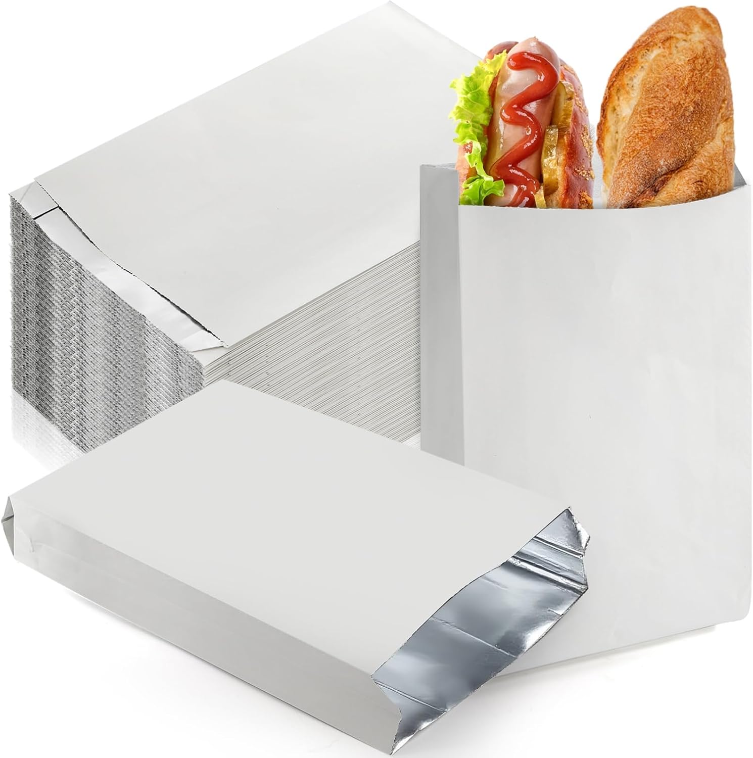 Foil Hamburger Wrappers, 4 LB Insulated Aluminum Sandwich Bags Wrap Sleeves, Greaseproof Paper Foil Hot Dog Bag for Breakfast Lunch, Fast Food, Food Truck, BBQ, 100 Pack, 6.3" x 1.5" x 10.2"
