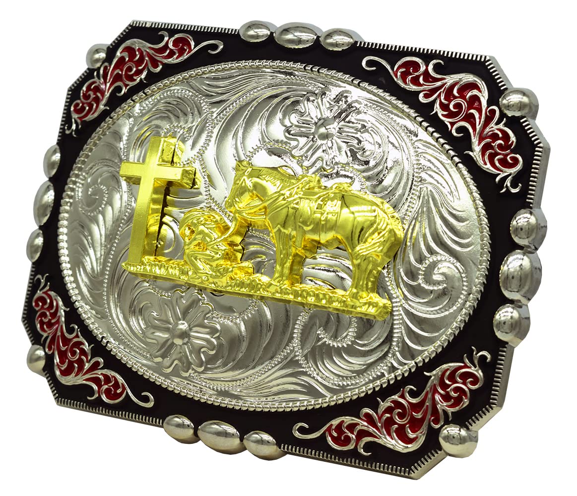 Moranse Religión Cross Cowboy De Rodillas Oración Y Caballo Diseño Hebillas De Cinturón, Flor de vaquero rezando, Medium