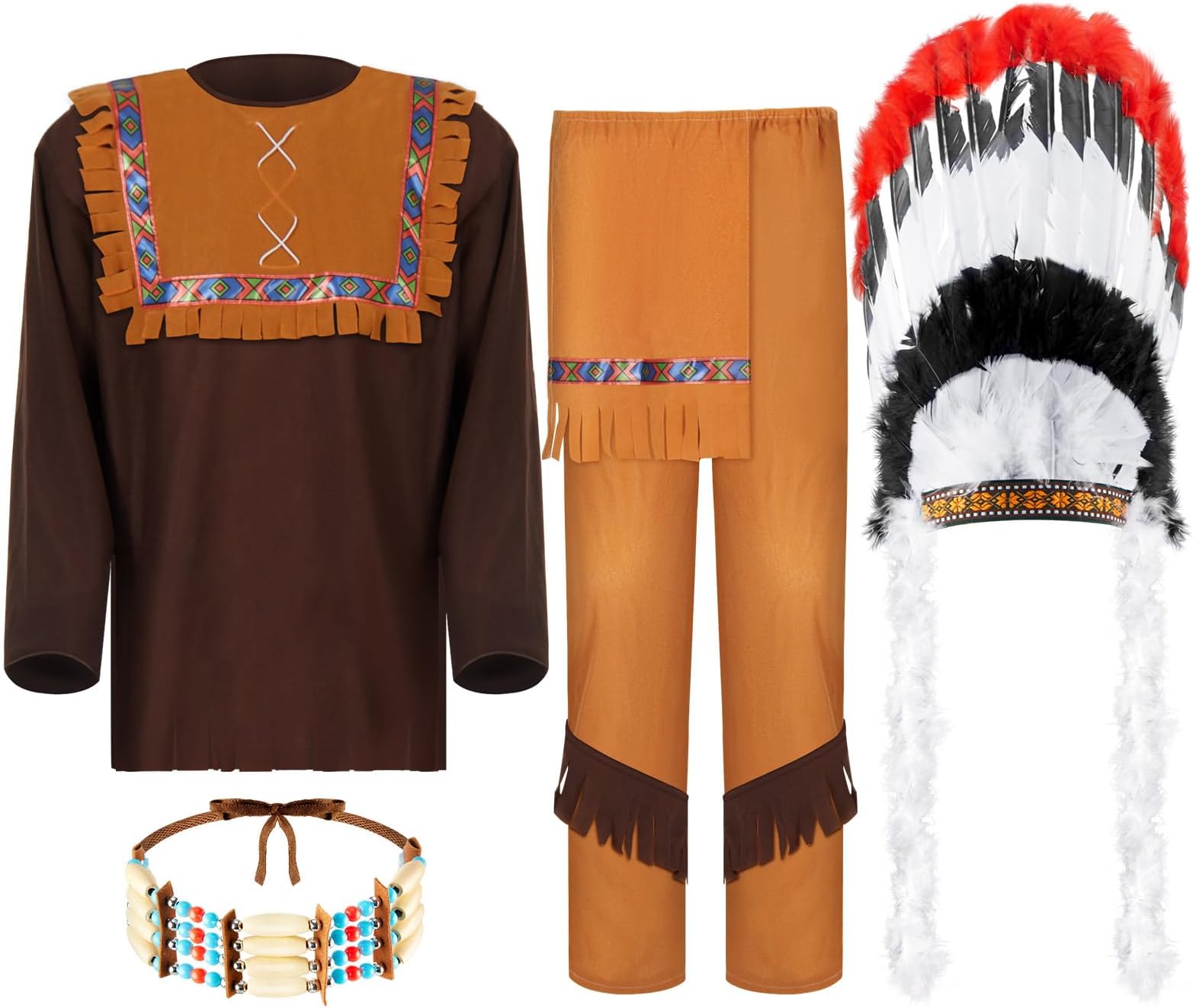 Retisee 4 Pcs Native American Costume Indian Costume Accessories Includes Choker Necklace Native American Headdress Adult Costume for Men Role Play