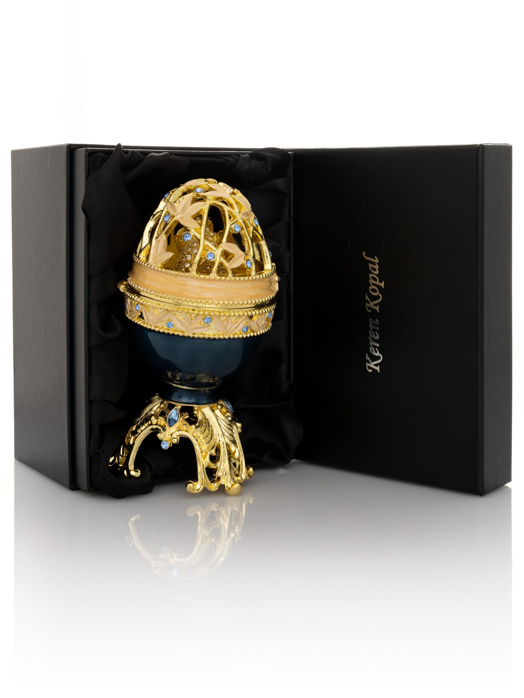 Keren Kopal Huevo de Fabergé azul con elefante dorado y cristales en el interior: estilo Fabergé con cristales para coleccionistas, decoradores o entusiastas
