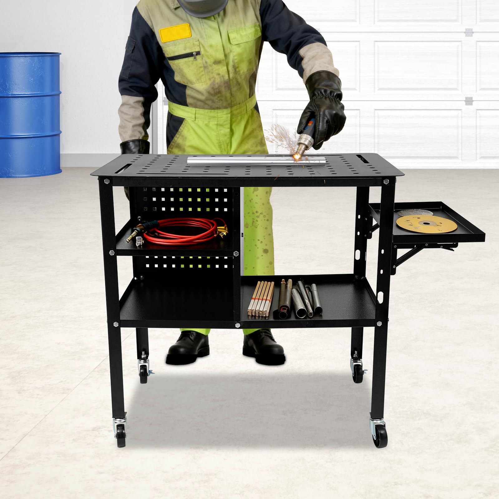 Mesa de soldadura móvil de acero, capacidad de carga de 500 kg, banco de trabajo con ruedas, mesa de trabajo con 4 ruedas, bandeja lateral plegable, placa perforada para taller, reparación de