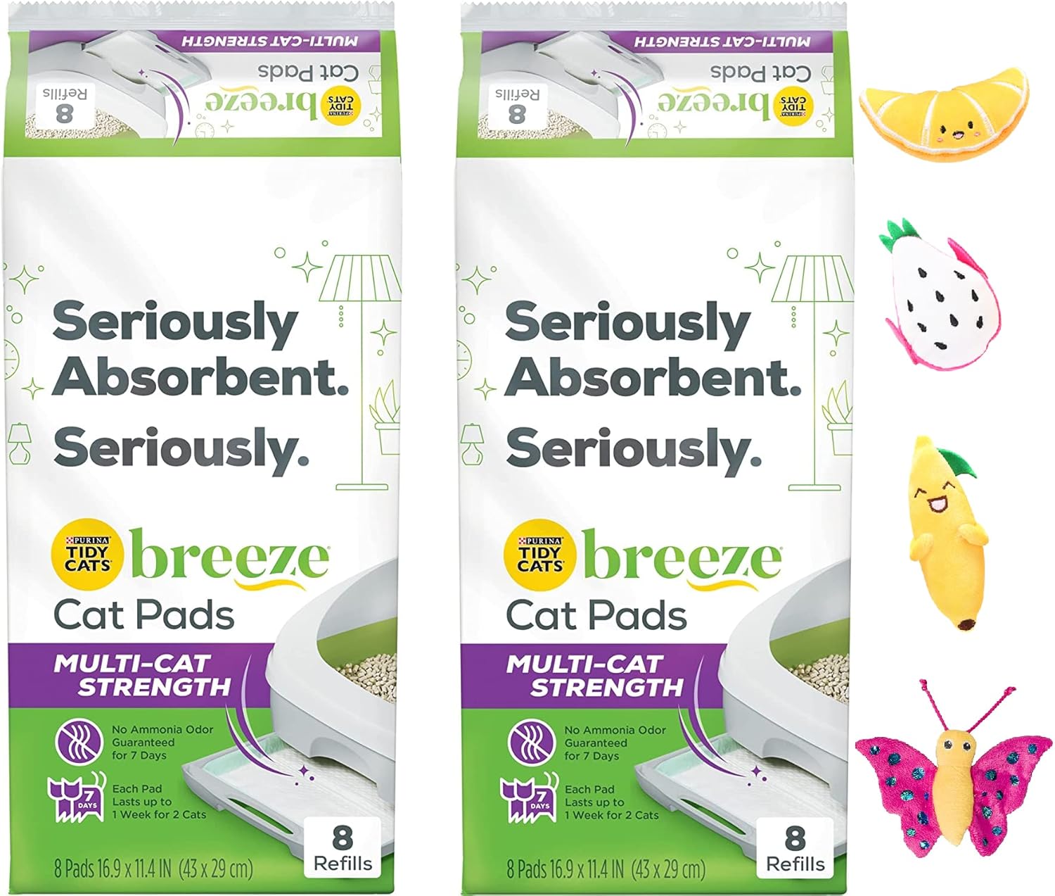 Tidy Cats Breeze Multi-Cat Strength Cat Pads Refill Pack 2 8 Count Pouches with Aurora Pet Catnip Toy Assorted
