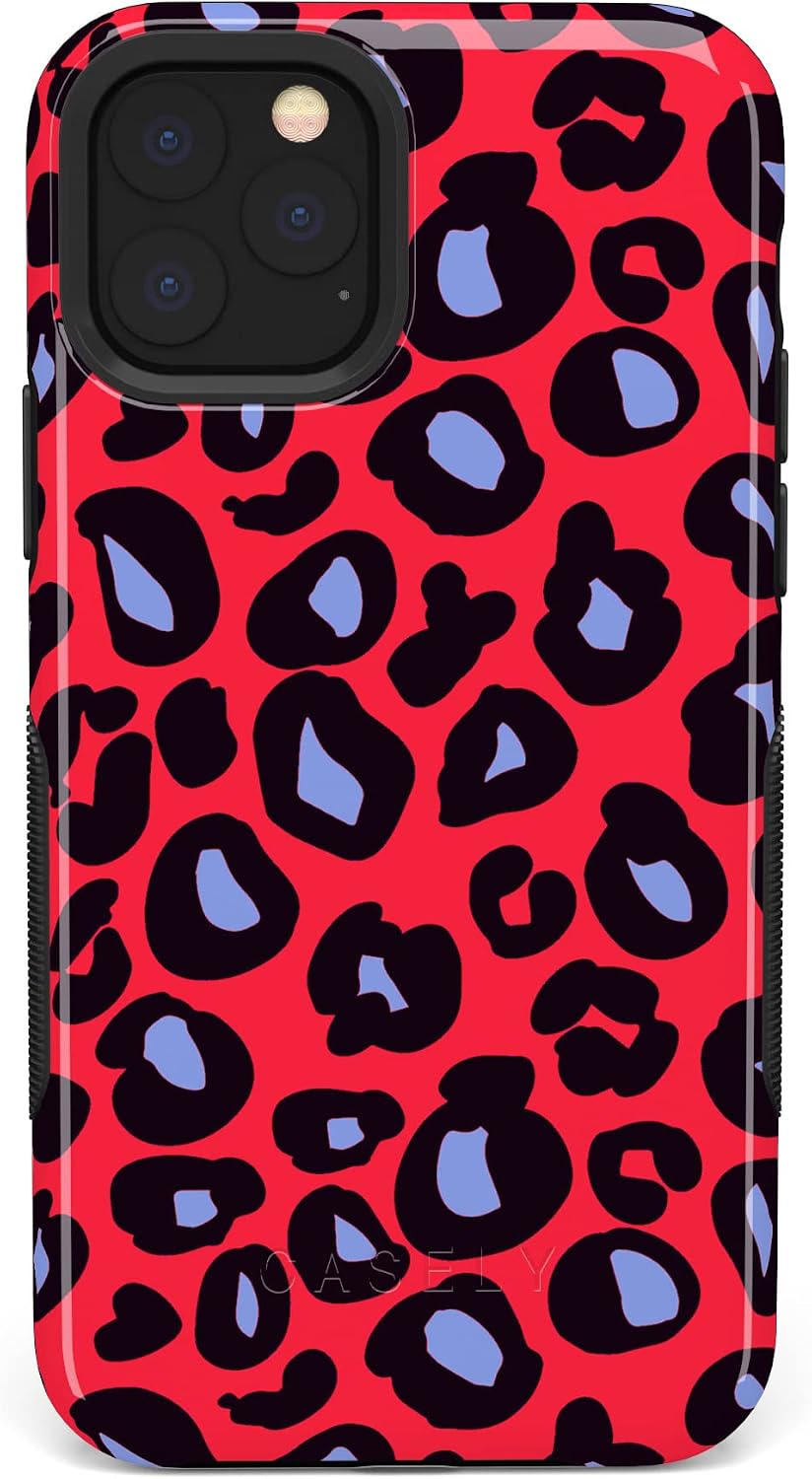 Casely iPhone 11 Pro Max Case | Into the Wild | Red & Blue Leopard Print | Bold Protective Design
