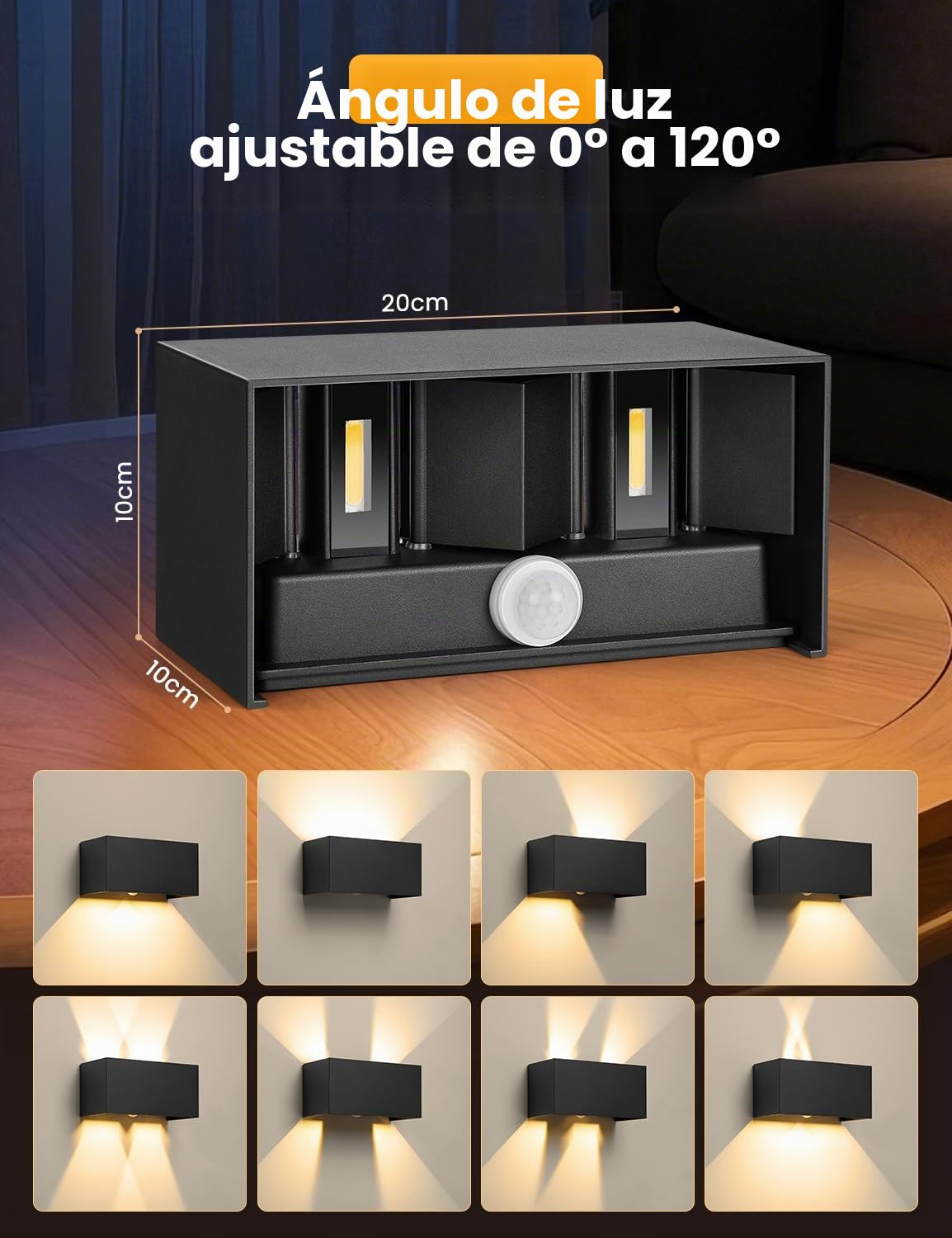 Aplique Pared Exterior/Interior con Sensor de Movimiento 24W, 2400LM, IP65 | 3000K Blanco Cálido LED Aplique Pared, Haz de Luz Ajustable para Jardín, Pared, Valla, Garaje, Patio (Negro)