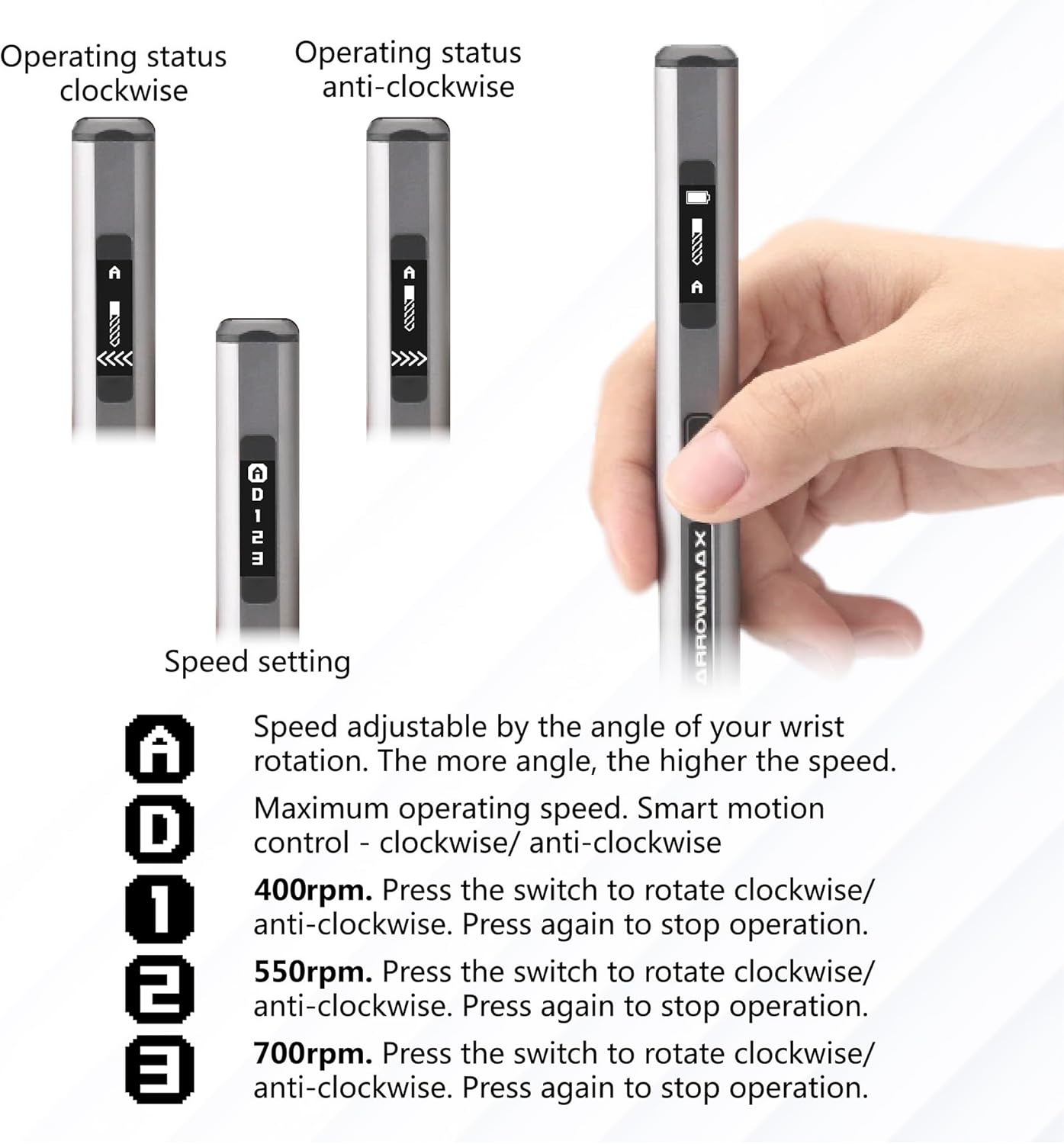 OLED display showing operating status and speed settings for the ARROWMAX SDS PRO PLUS drill
