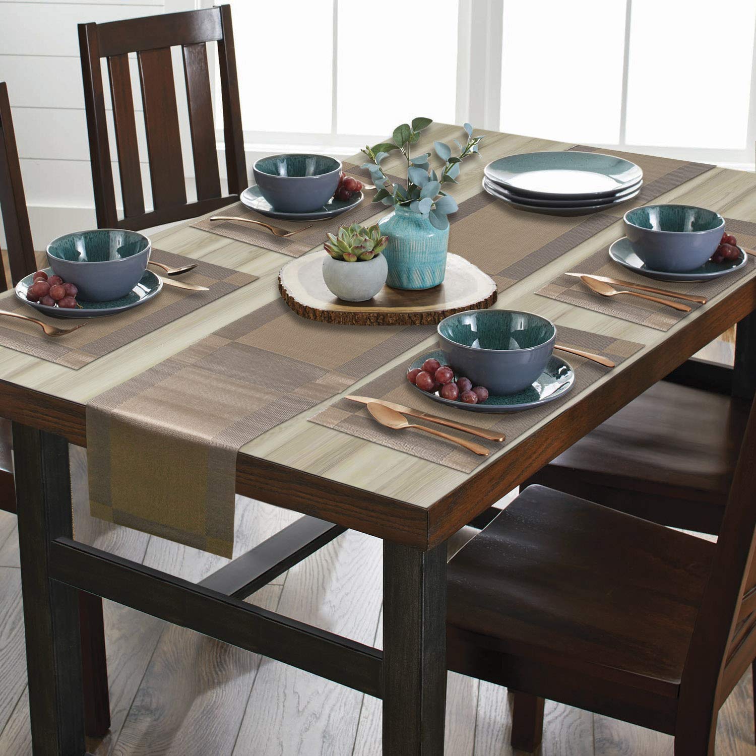 Bhaguji PVC Dining Table Placemat Set of 4 with 1 Table Runner Brown-Size Placemat 45*30 Each & Table Runner 30*180cm