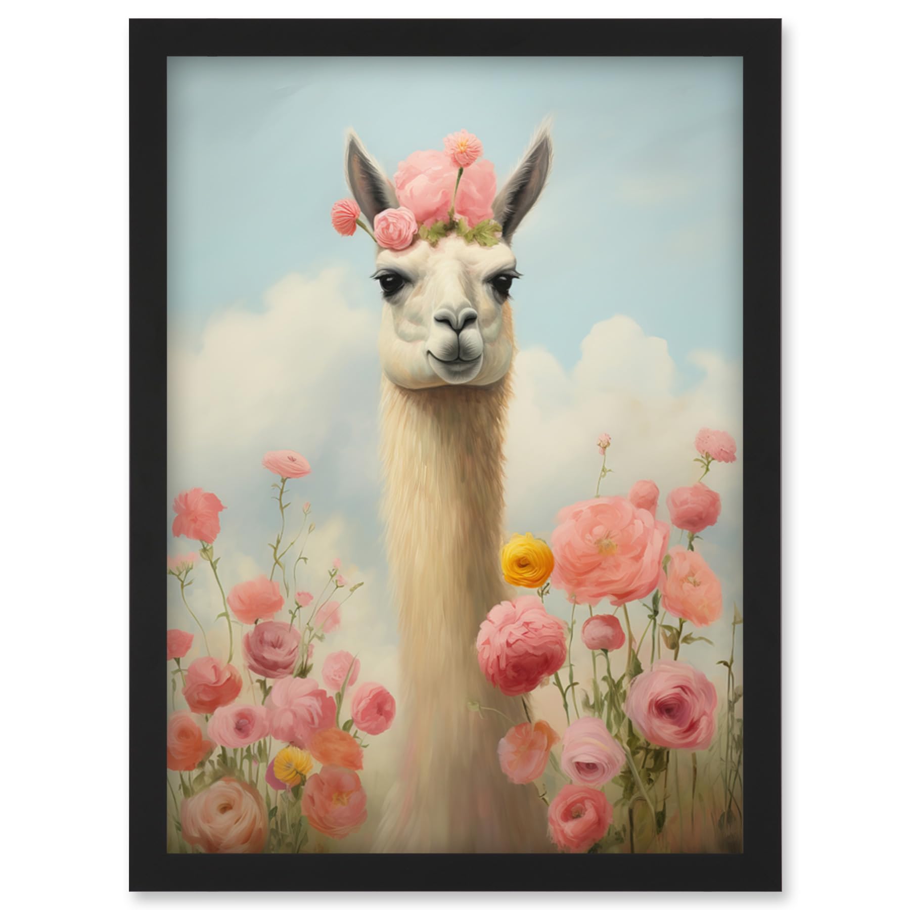 Artery8 Llama and Peonies Pink Elegant Artwork Kids Bedroom Floral Portrait with Roses Artwork Framed Wall Art Print A4