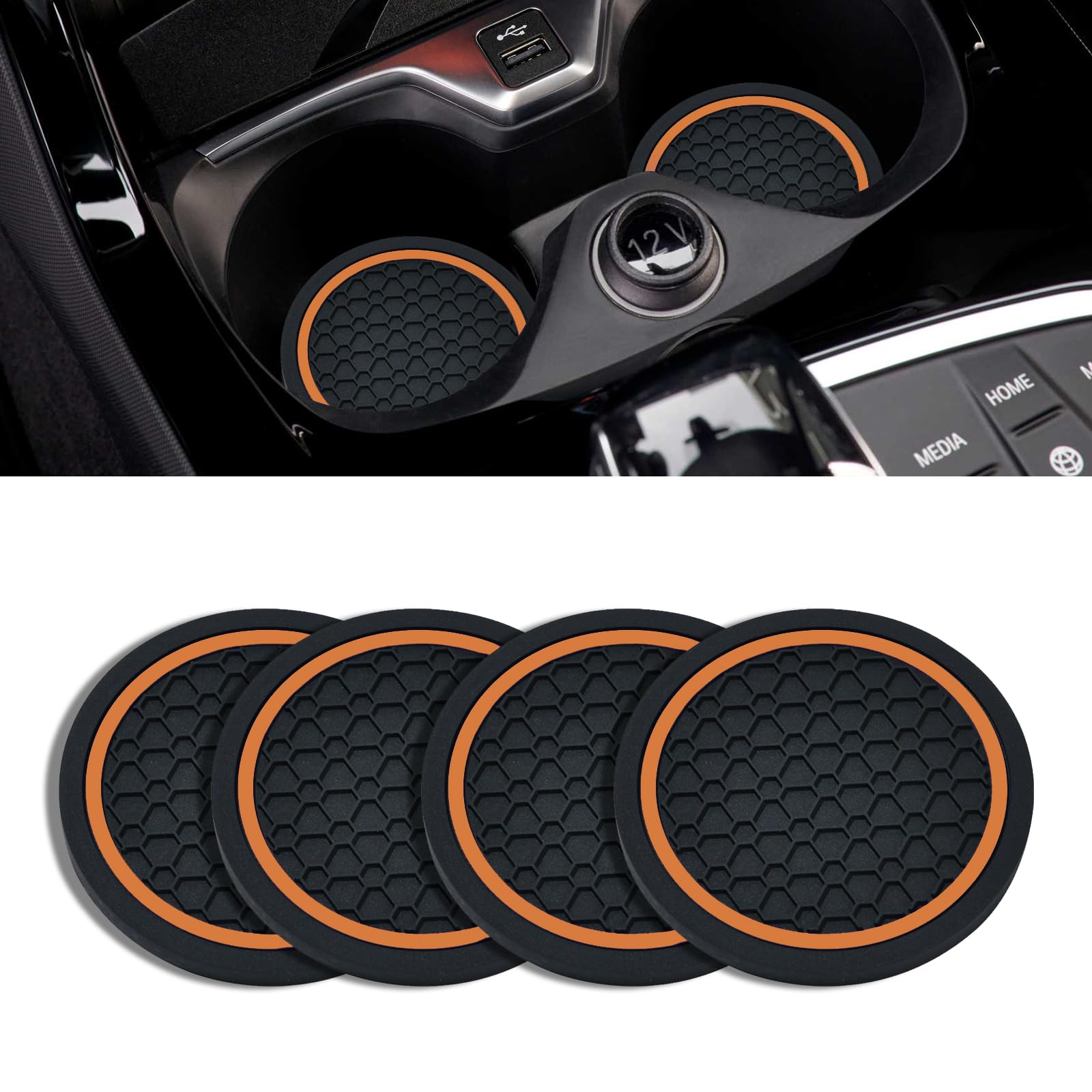 Photo 1 of 4PCS Car Cup Holder Coasters, 2.75 Inch Non-Slip Insert Cup Holder Pad, Dustproof Automotive Interior Accessories Mat, Universal for Trucks, Vehicles, RVs and More (Black/Orange)