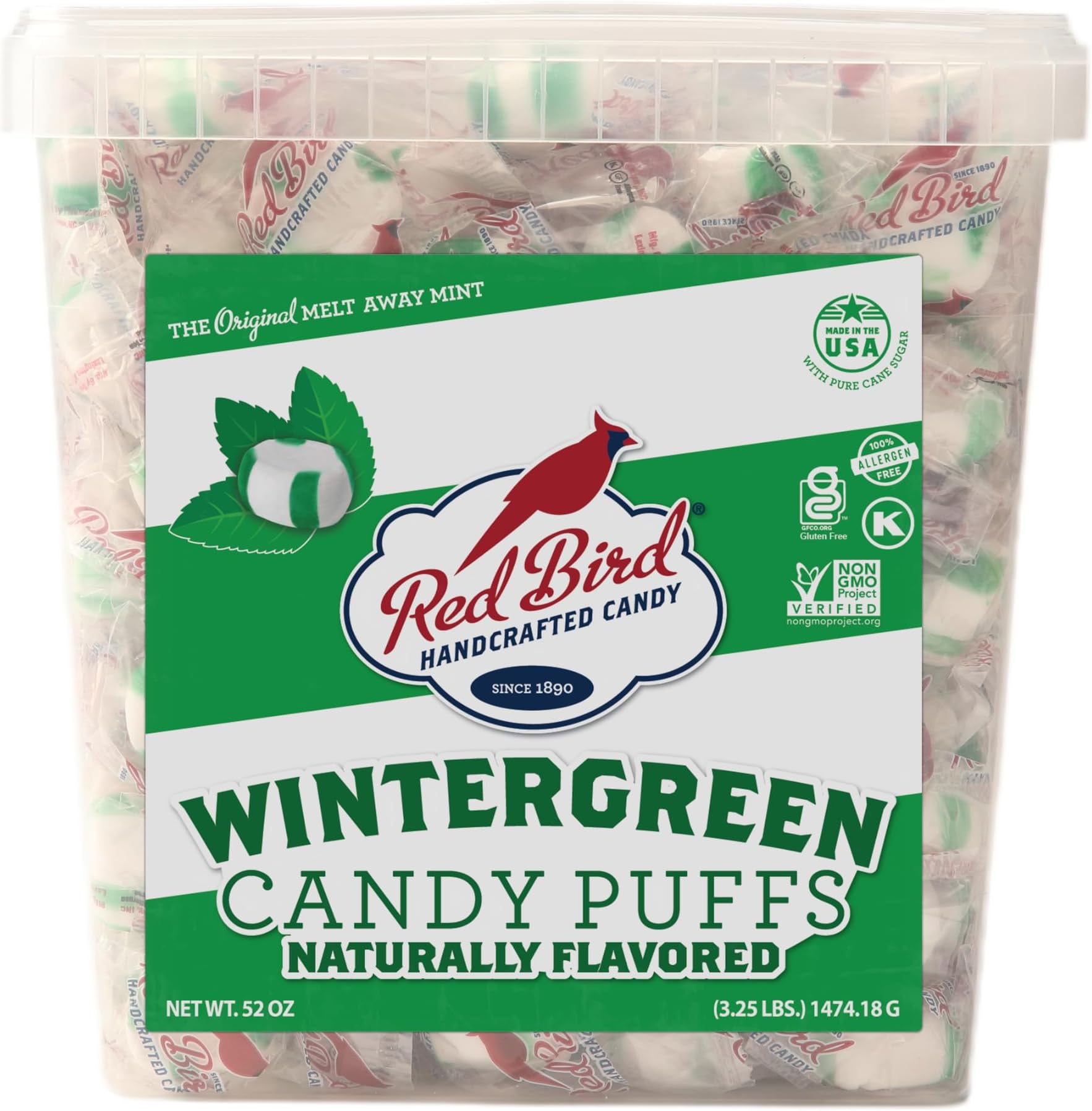 Soft Wintergreen Mint Puffs 52 oz Bulk Tub w/Handle, Individually Wrapped, Gluten Free, Kosher, Free from Top 8 Allergens, Made with 100% Pure Cane Sugar, 3.25 lbs