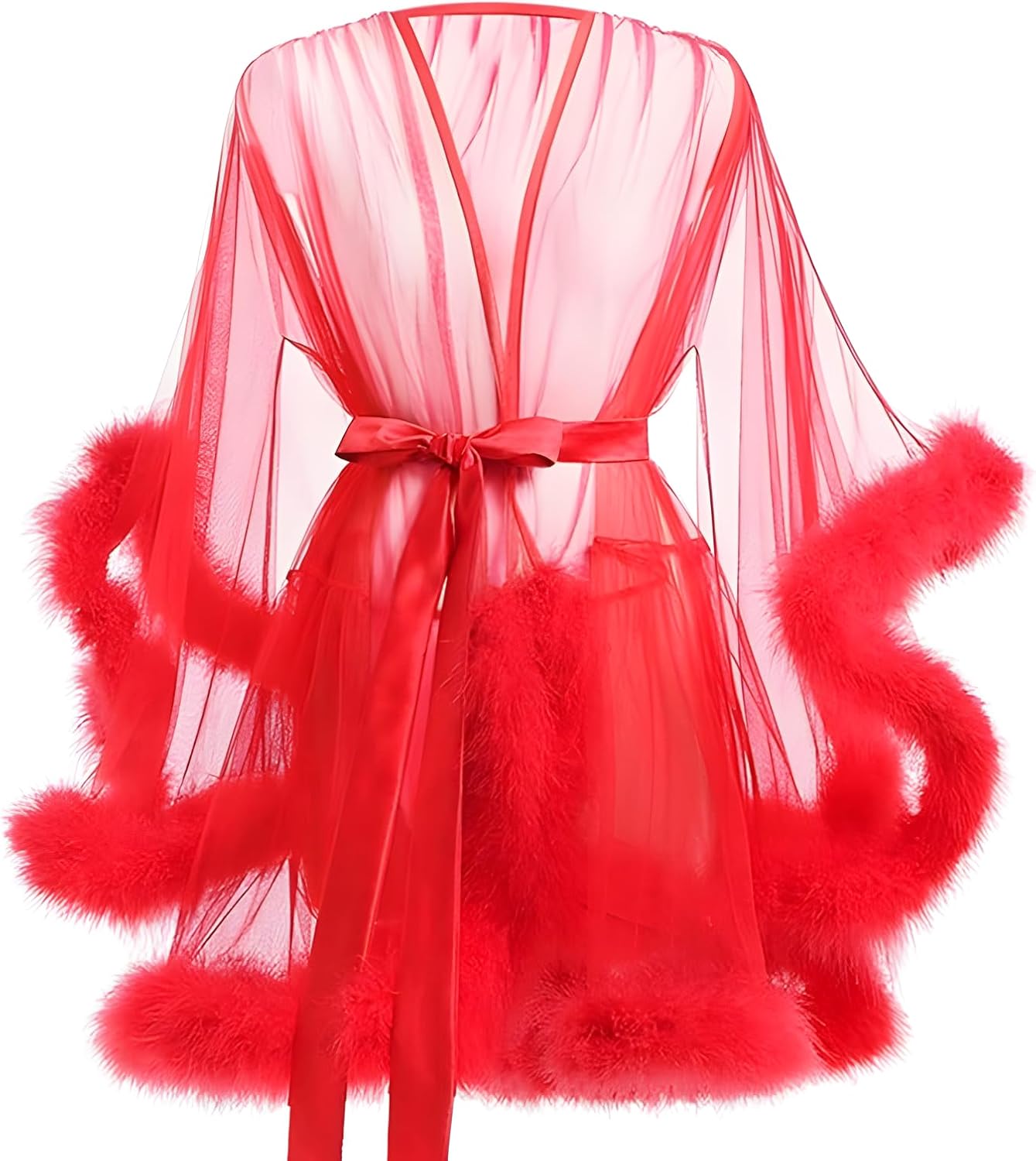 Robes For Women Tulle Robe with Faux Fur Trim, Sexy,Soft and Comfortable,Perfect for Spa Nights and Maternity Photoshoot