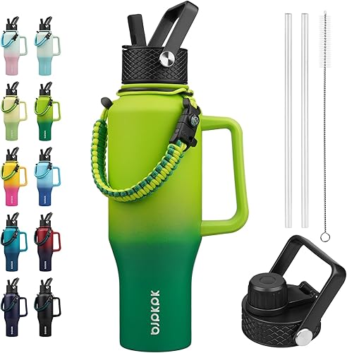 Miniatura 43 de BJPKPK Botellas de agua aisladas con tapa con pajita, botella de agua de metal de 23 onzas con 2 tapas y correa de paracord, vasos al vacío de acero