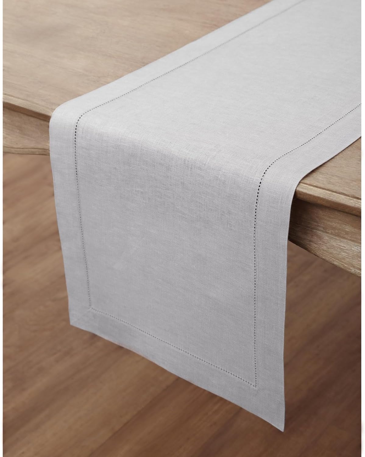 Solino Home Linen Soft Grey Table Runner 72 Inches Long - 100% Pure Linen Hemstitch Table Runner 14 x 72 Inch for Dresser, Dining, Spring, Easter, Mothers Day - Classic Hemstitch