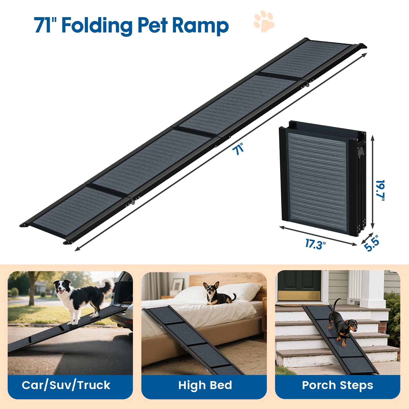 HBTower 71" Long & 17.3" Wide Folding Dog Ramp for Car, SUV & Truck – Portable Pet Ramp with Non-Slip Surface, Extra Wide Steps for Large Dogs Up to 250LBS - image 2