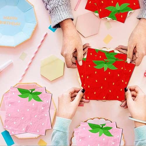 Miniatura 6 de Decoraciones de cumpleaños de fresa, 40 servilletas de fiesta de fresas, servilletas de color rosa y rojo con bayas dulces para fiesta de fresa,