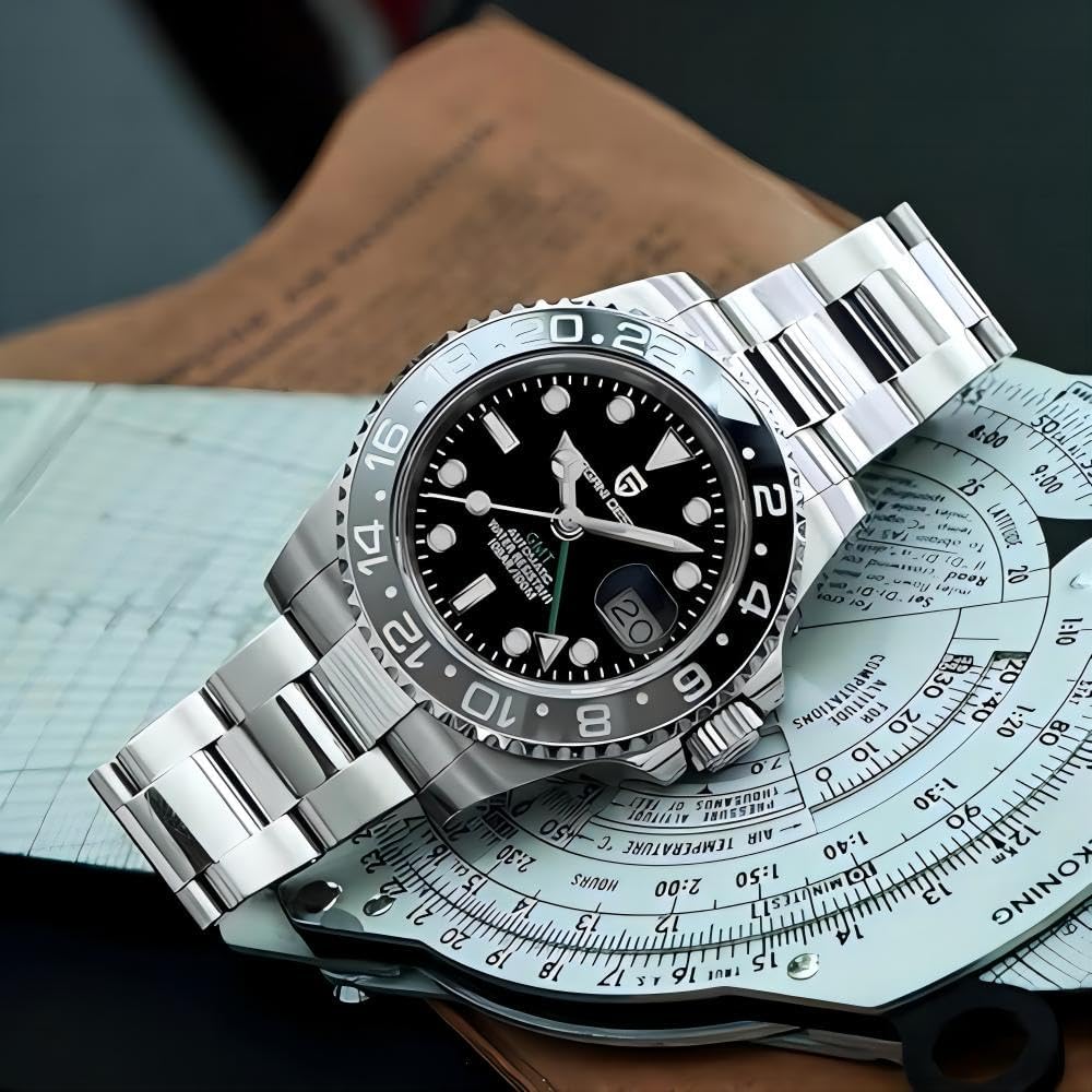 CADISEN Pagani Design GMT Fully Automatic Mechanical Men's Watch 40MM Date 100M Waterproof Stainless Steel Submersible Rotating Ceramic Bezel Men's Sports Watch PD-1662