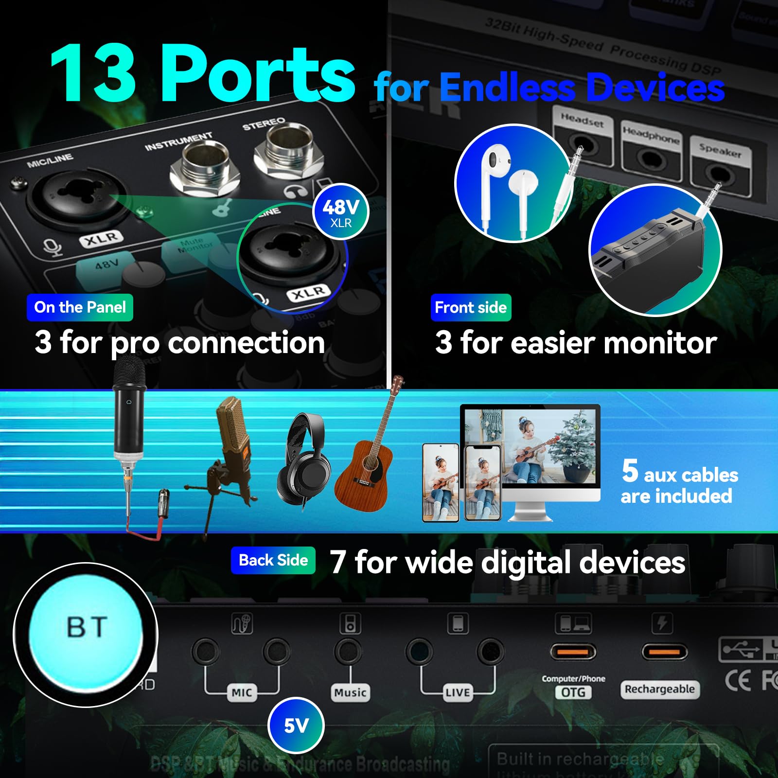 Scheda audio, mixer audio DJ con DSP, ingresso XLR, batteria integrata, scheda effetti sonori per live streaming, podcasting