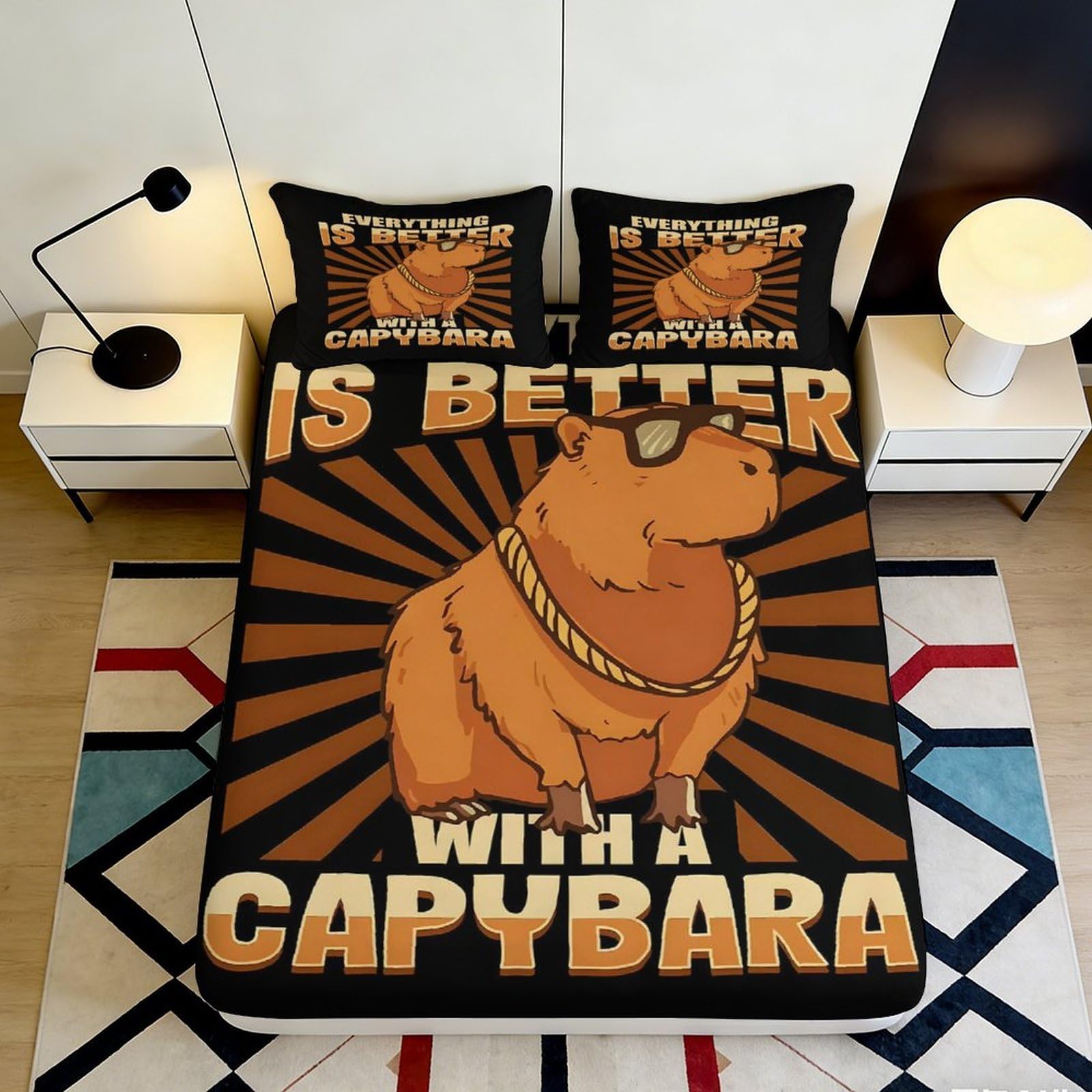 Jqzkxnhpbr Style-4 3D Printed Capybara Cartoon Fitted Sheet Microfiber Soft Anti-Slip Orange Animal Bed Cover For Bedroom Guest Room Mattress Decor 90X200x25cm