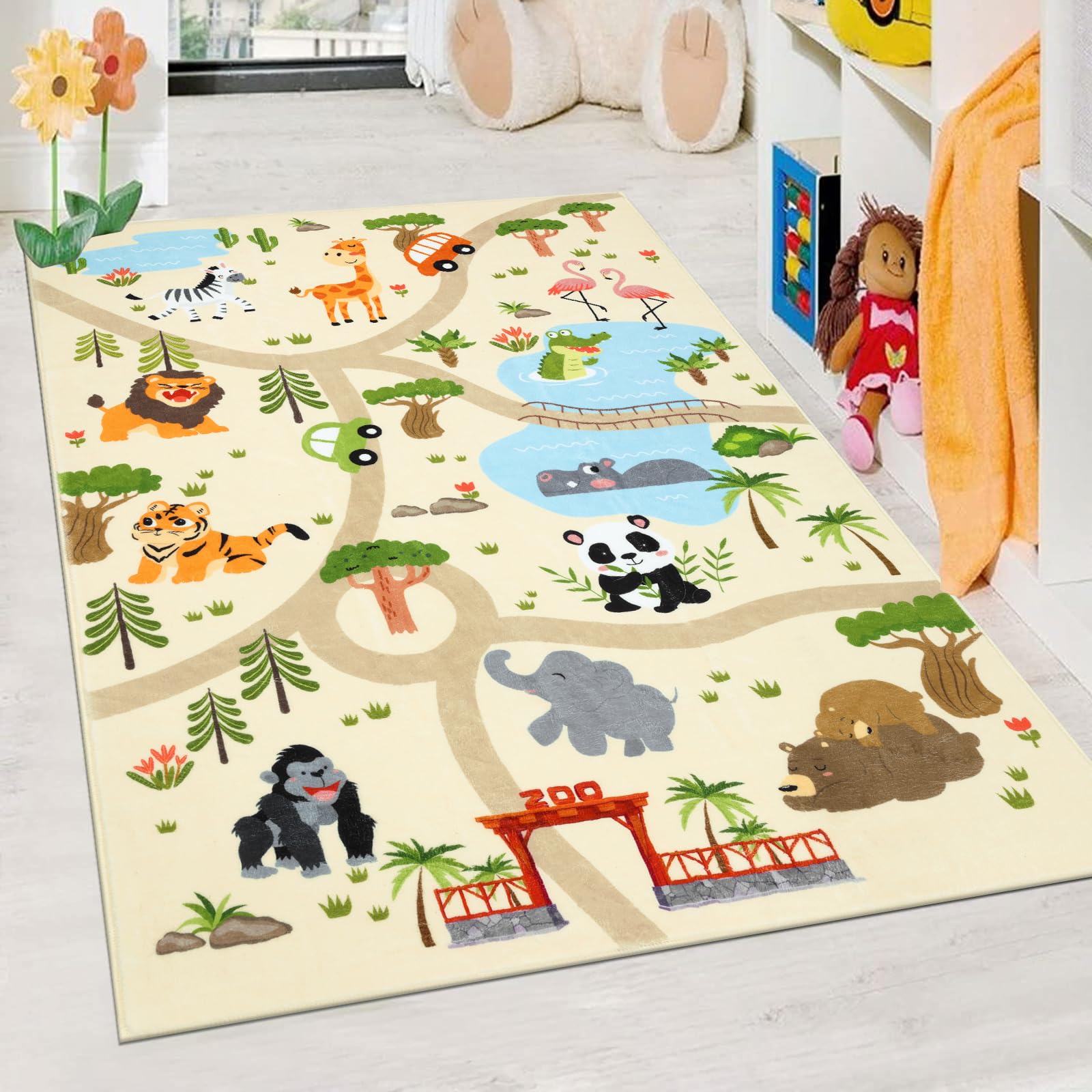 Enyhom Alfombra Infantil Habitacion Lavable, 100 x 150 cm Ultra Suave Alfombra Niños Antideslizante Motivos Animales Alfombra Juegos Bebe Zoológicos Tapete Bebe para Habitacion Bebe, Guardería