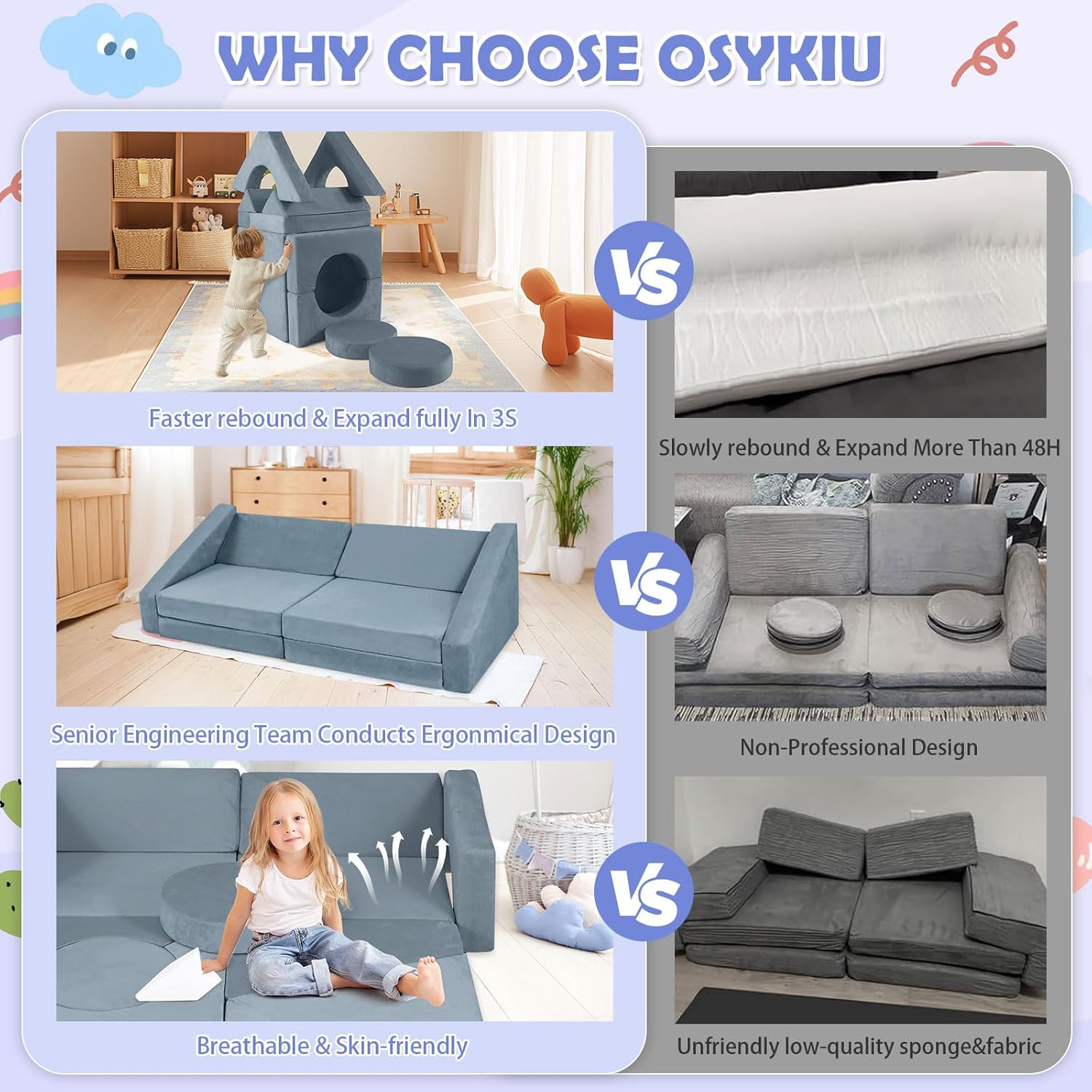 2025 New Modular Kids Play Couch, 12pcs Toddler Sofa Couch Building Fort, Versatile 300+DIY Creativing Playroom Bedroom Furniture for Toddlers. Convertible Kids Sofa and Cushion for Boys and Girls