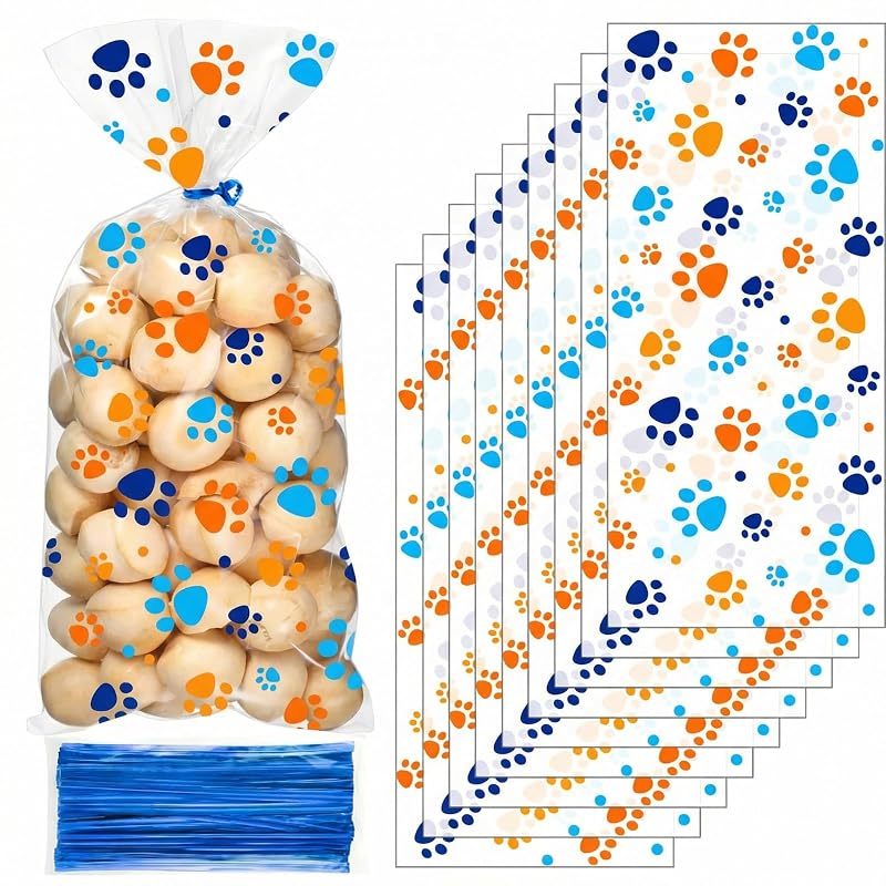 Saquinhos para petiscos de cães com estampa de patinhas Blulu, Blue and Orange, pacote com 100