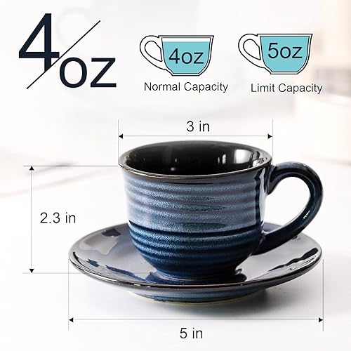 Miniatura 9 de Hasense Juego de 4 tazas de té y platillos de cerámica, tazas de capuchino de 8 onzas, tazas de café expreso para el hogar y la oficina, perfectas