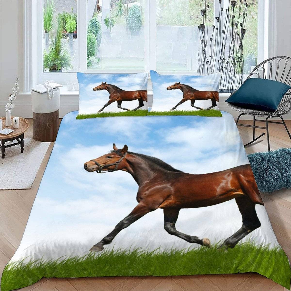 RFFLUX 3D Horse King size Bedding Sets 3 Pieces 220x230 Ultra Soft Microfiber Gallop Horse Duvet Cover with Zipper Closure Easy Care Quilt Cover with 2 Pillowcase for Adults Room Decor
