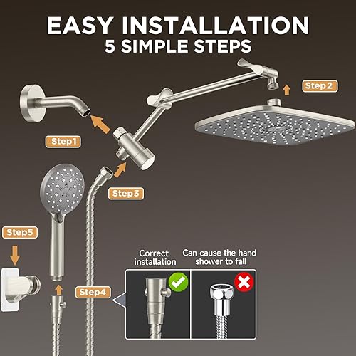 Miniatura 14 de Veken Cabezal de ducha de lluvia ancho con rociador de agua de mano multimodos, combo de cabezal de ducha de alta presión con brazo para accesorios
