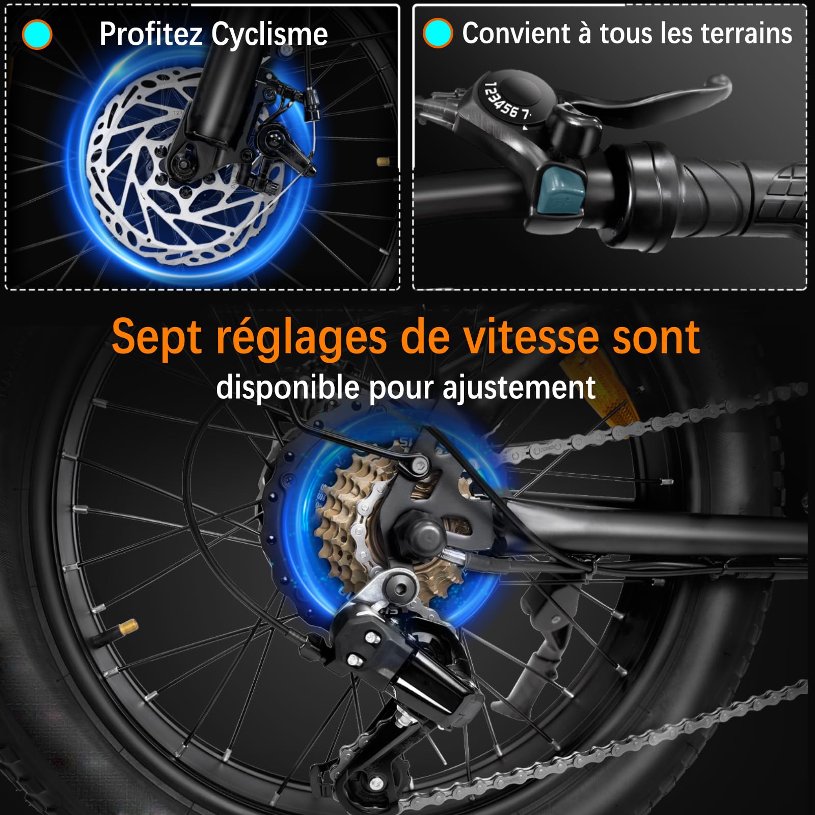 Vélo électrique pour adulte - Pour homme et femme - Batterie au lithium 48 V 18,2 Ah - Longue portée - 7 vitesses - Pour VTT, plage et neige