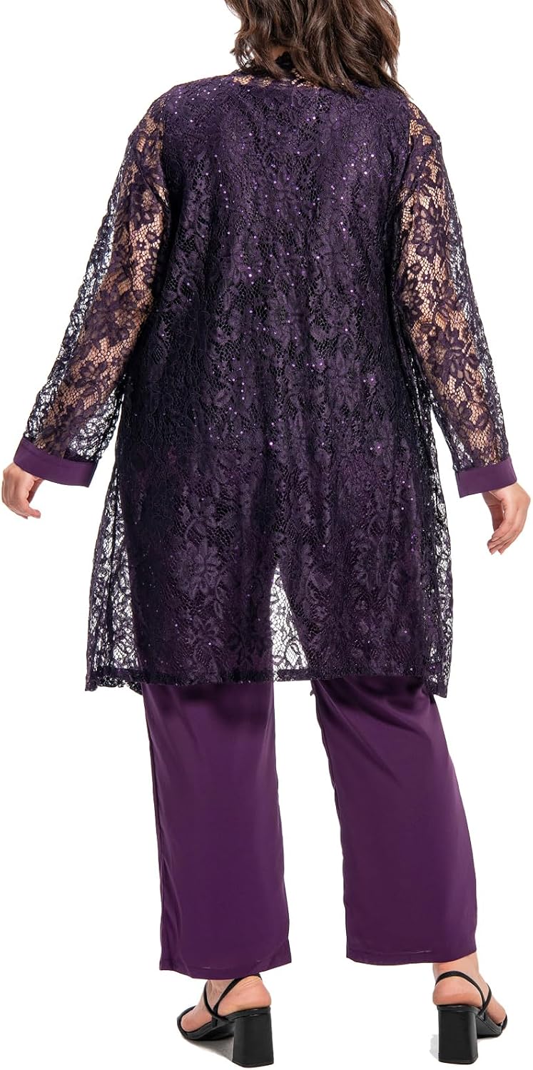 Plus Size Elegant Mother of The Bride Pant Suits Chiffon Pant with Women's Tank Top and Sequin Lace Jacket Evening Gown