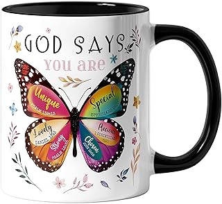 Christian Gifts for Women - Birthday Christian Mug 11oz with Butterfly - Inspirational Religious Catholic Gift for Sister, Friend, Daughter, Mom - Baptism Confirmation Gifts for Girls