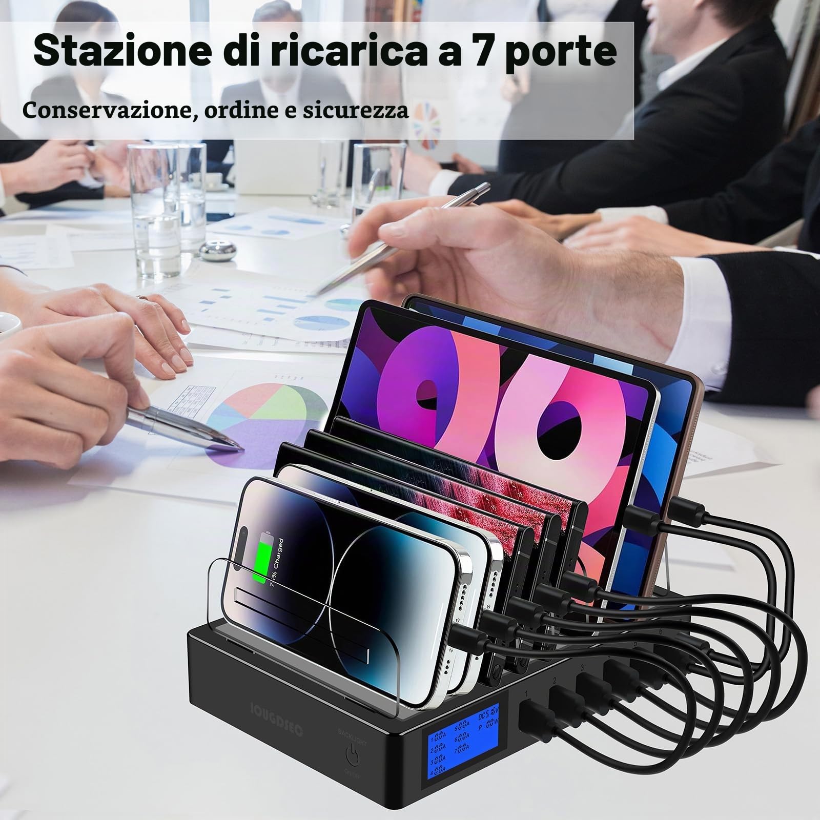 Stazione di ricarica rapida PD20W QC3.0 Multi porte USB, stazione di ricarica 7 in 1 per più dispositivi con display LCD compatibile per iPhone, iPad, Samsung, Huawei e altri (nero)