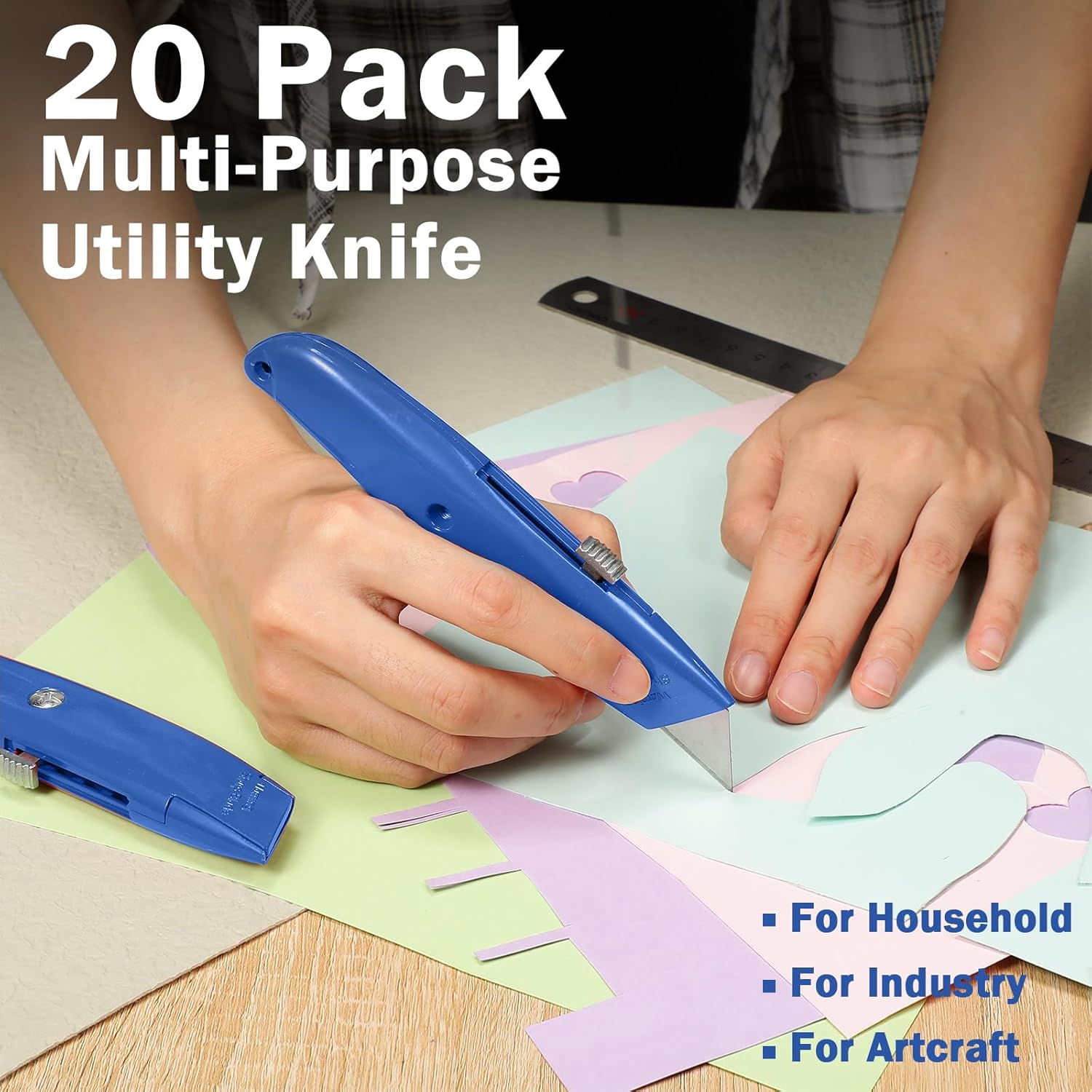 Reginary 20 Pcs Box Cutter Bulk Retractable Utility Knife Heavy Duty Aluminum Alloy Razor Knife for Cardboard Box Carton Opener for DIY, Factory, Home Office(Dark Blue)