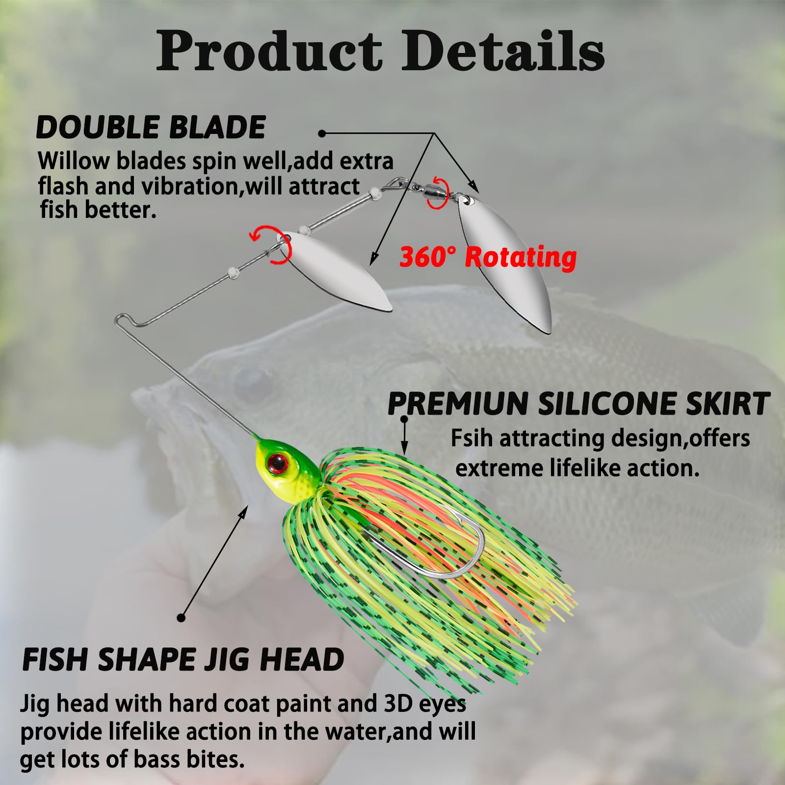 Fish Corner Spinner Bait, 5pcs 1/2oz Blade Spinnerbait, Bass Fishing Lure