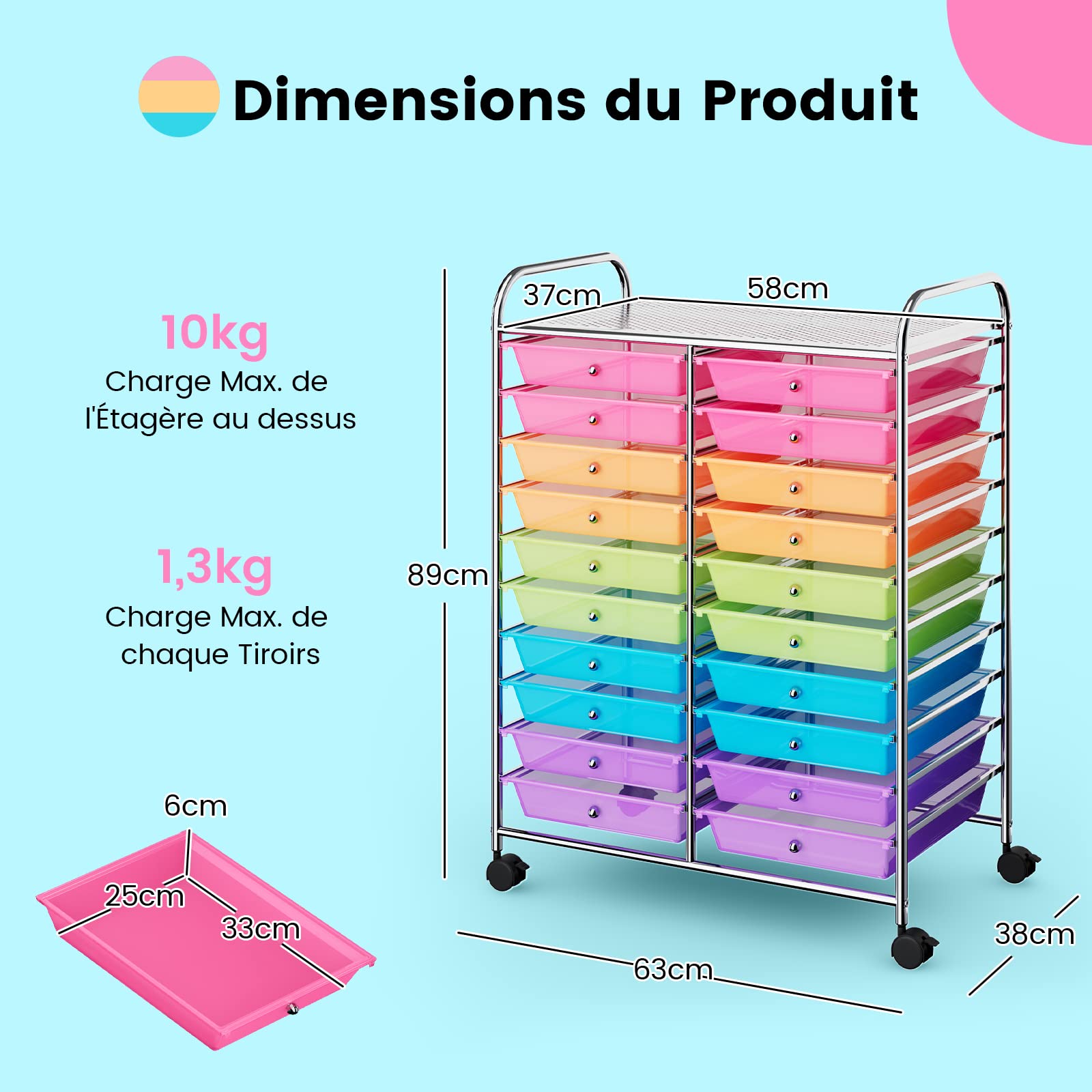 GOPLUS Chariot de Rangement 20 Tiroirs, Tour de Rangement à roulettes, Cadre en Acier, pour Chambre, Bureau, 64 x 38 x 87 CM, Multicolore Tranparent