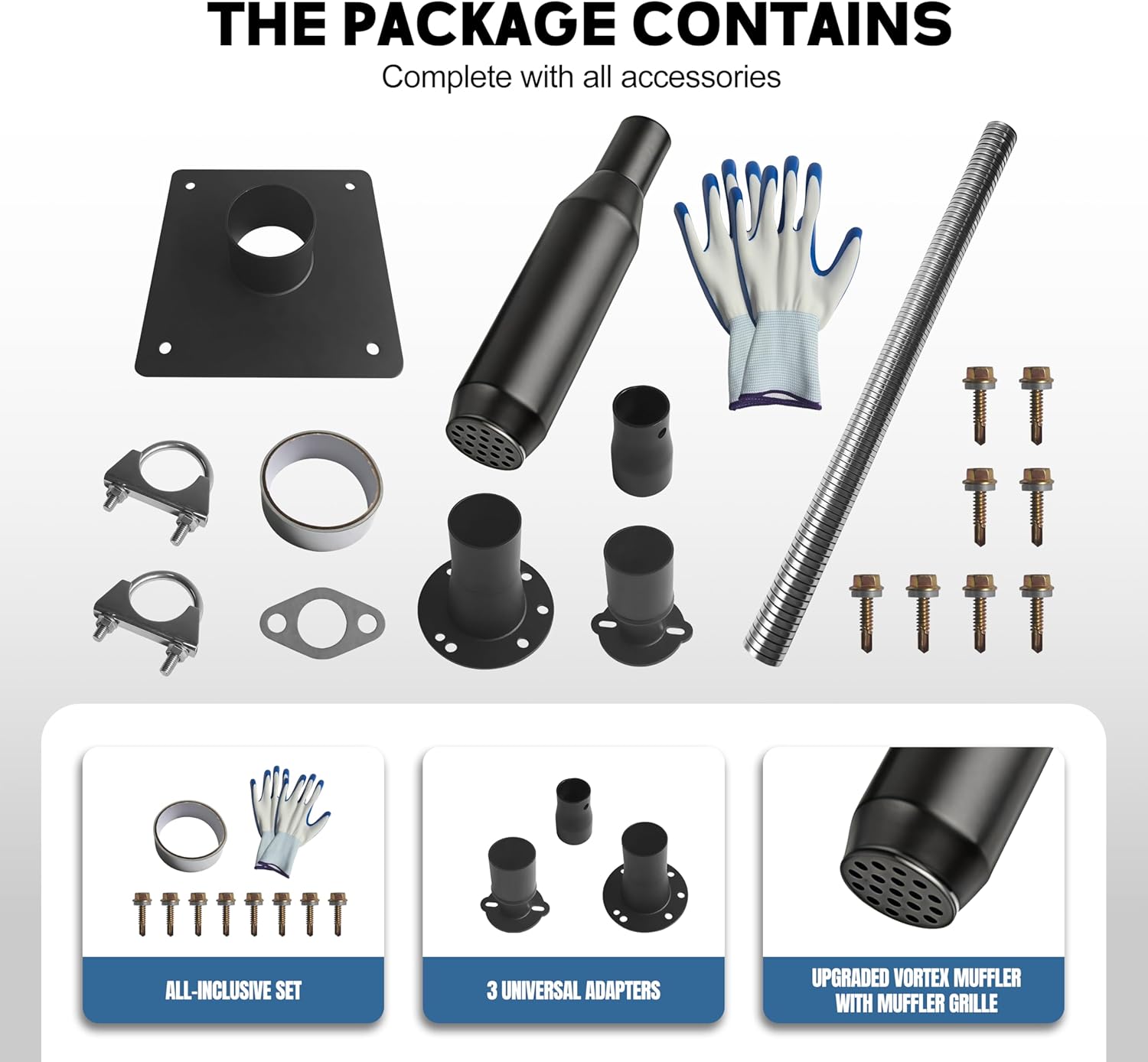 Generator exhaust extension muffler kit, Comes with three universal adapters，with insulation wall mounting plate, can safely discharge exhaust gas for Home/Camping/RV Backup，Reduces Noise by 55%