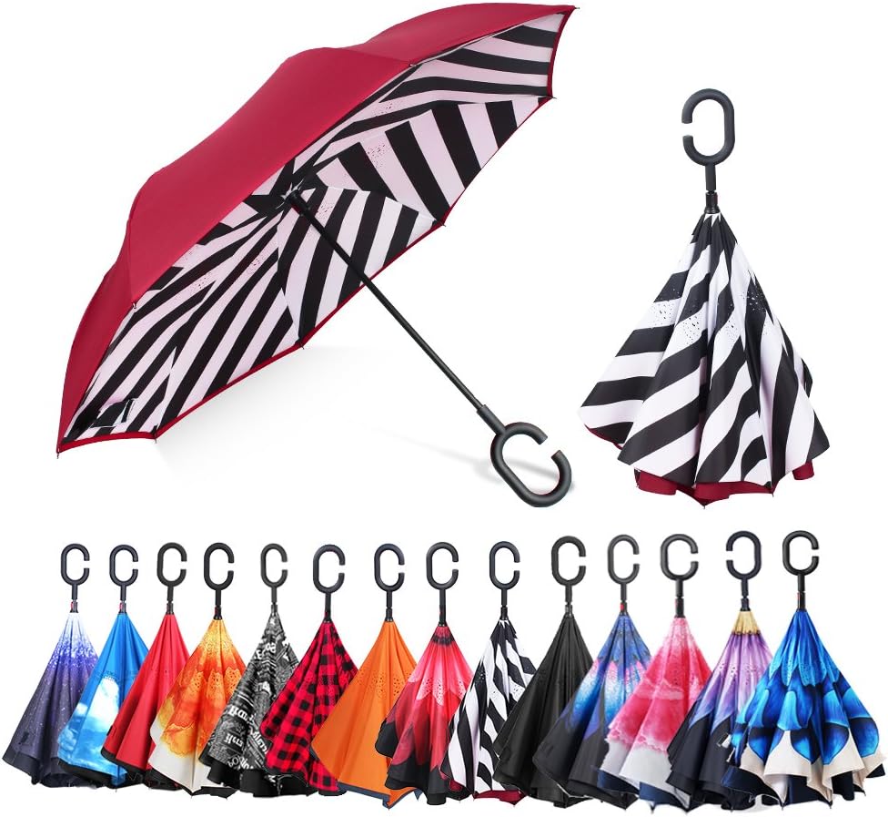 AmbrellaOK Double Layer Inverted Umbrella for Car Reverse Folding Upside Down C-Shaped Hands Free Handle - Compact Lightweight & Windproof – Ideal Gift Men & Women