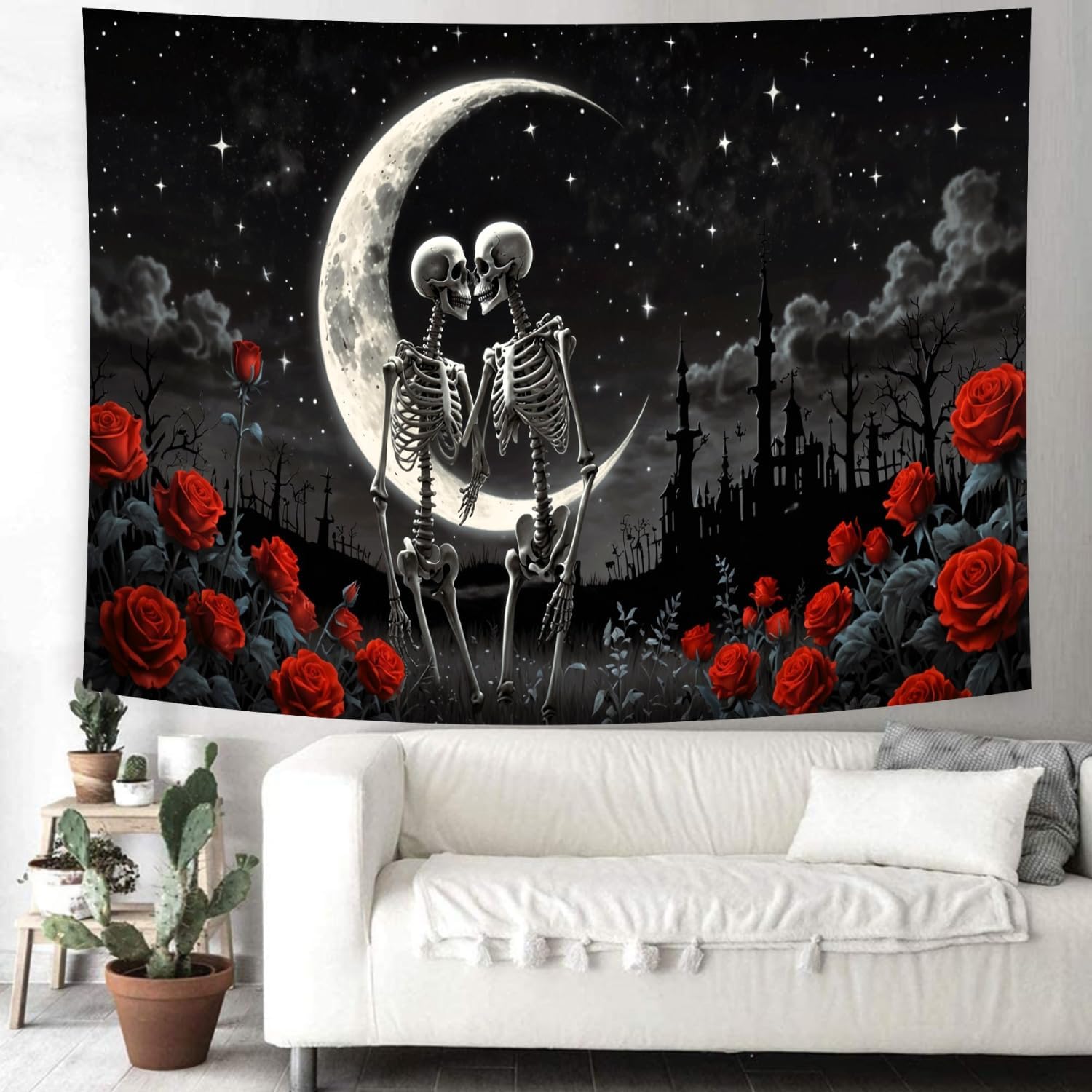 Delur The Lovers Skull Tapestry Gothic Black and White Romantic Constellation Skeleton Tapestry Floral Abstract Psychedelic Wall Hanging Headboard for Bedroom Living Room Home Decor (59.1" x 78.7")