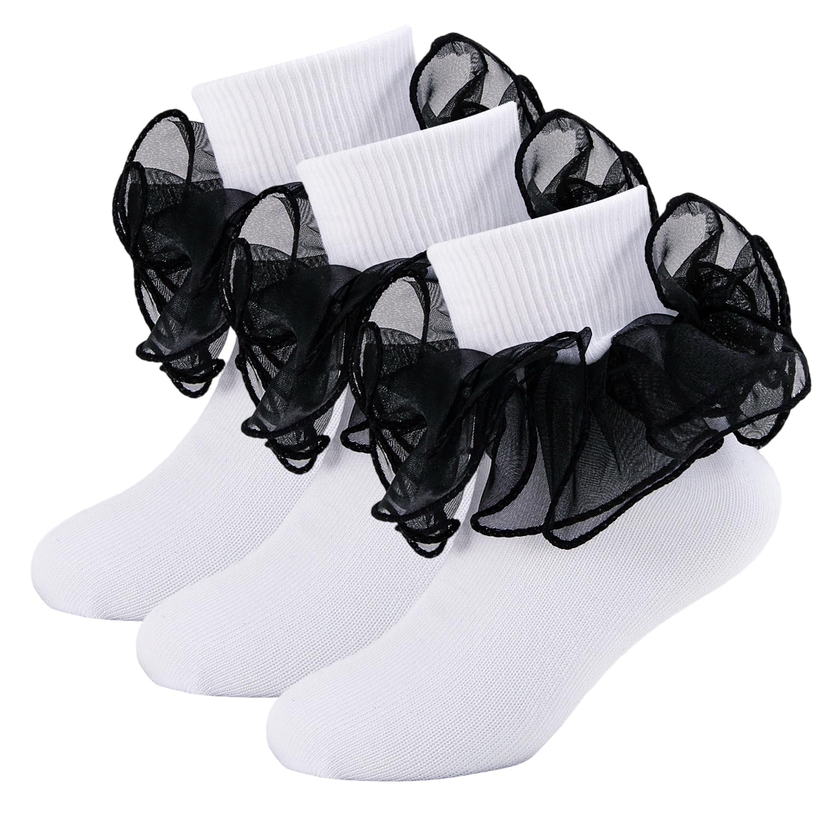 Girls Ruffle Socks Double Lace Turn Cuff Frilly Church Dress Socks