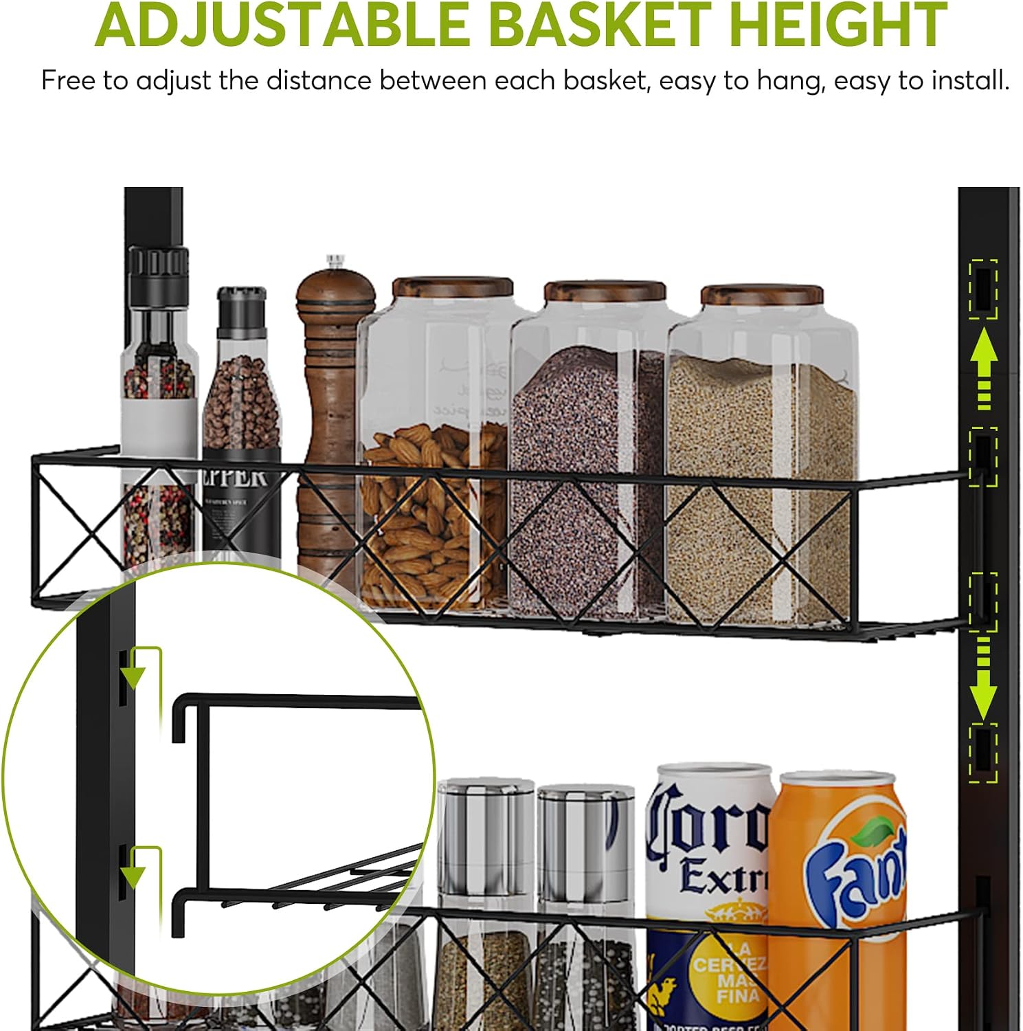 1Easylife Over The Door Pantry Organizer Rack, 6-Tier Adjustable Pantry Organization and Storage, Heavy-duty Metal Door Spice Rack with Detachable Baskets, Hanging Can Organizer for Kitchen Pantry