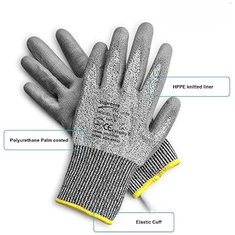 12 Pairs Cut Protect Level 5/D Work Gloves HPPE Yarn knitted Liner PU Coated Palm Light-Weight Comfort Assembling DYI (Large (Size 9))