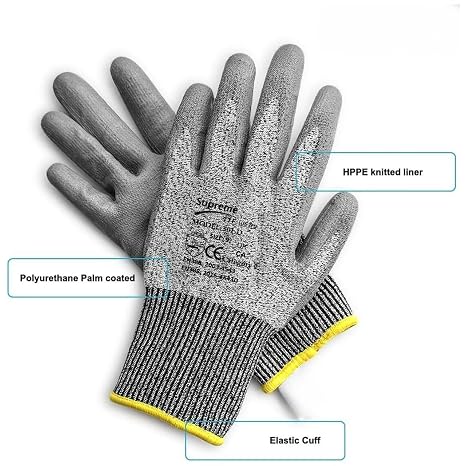 12 Pairs Cut Protect Level 5/D Work Gloves HPPE Yarn knitted Liner PU Coated Palm Light-Weight Comfort Assembling DYI (Large (Size 9))