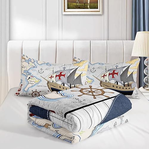 Miniatura 4 de Axolotl Juego de ropa de cama náutica tamaño individual, cama de barco náutico, cama de mapa del mundo oceánico, juego de edredón con temática de